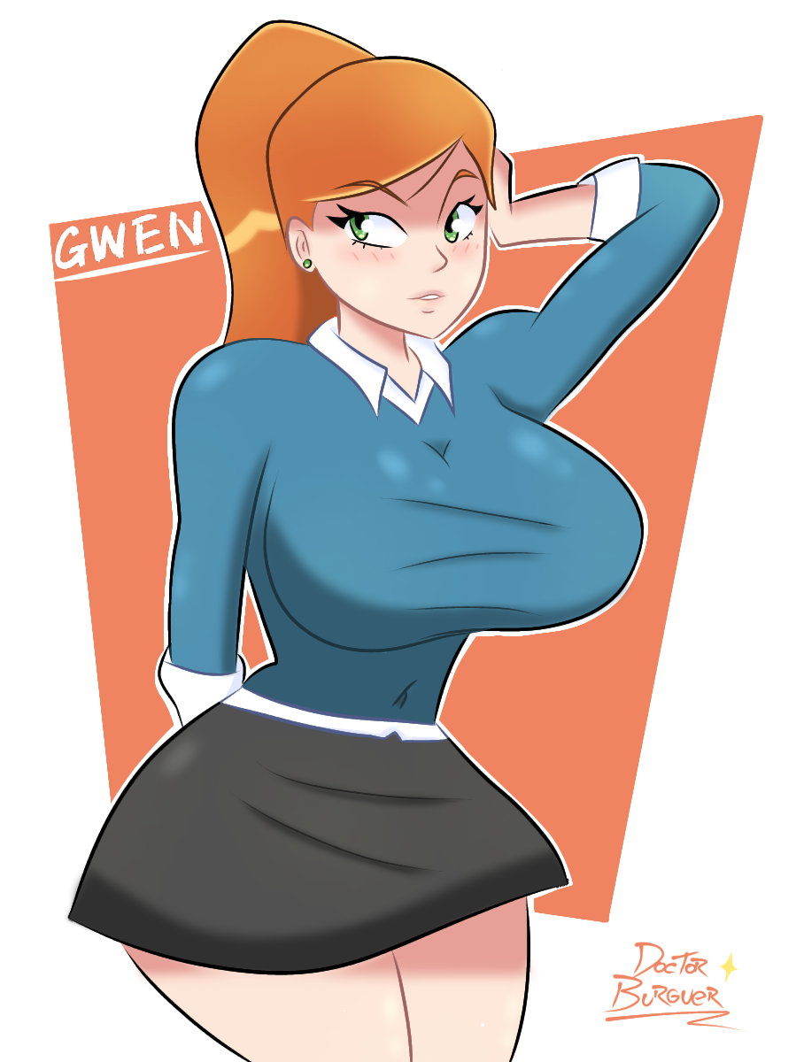 1girls armpits ben_10 ben_10_omniverse big_breasts black_skirt blue_shirt breasts canon_age_up cartoon_network doctorbuguer green_eyes gwen_tennyson gwen_tennyson_(omniverse) orange_background orange_hair skirt