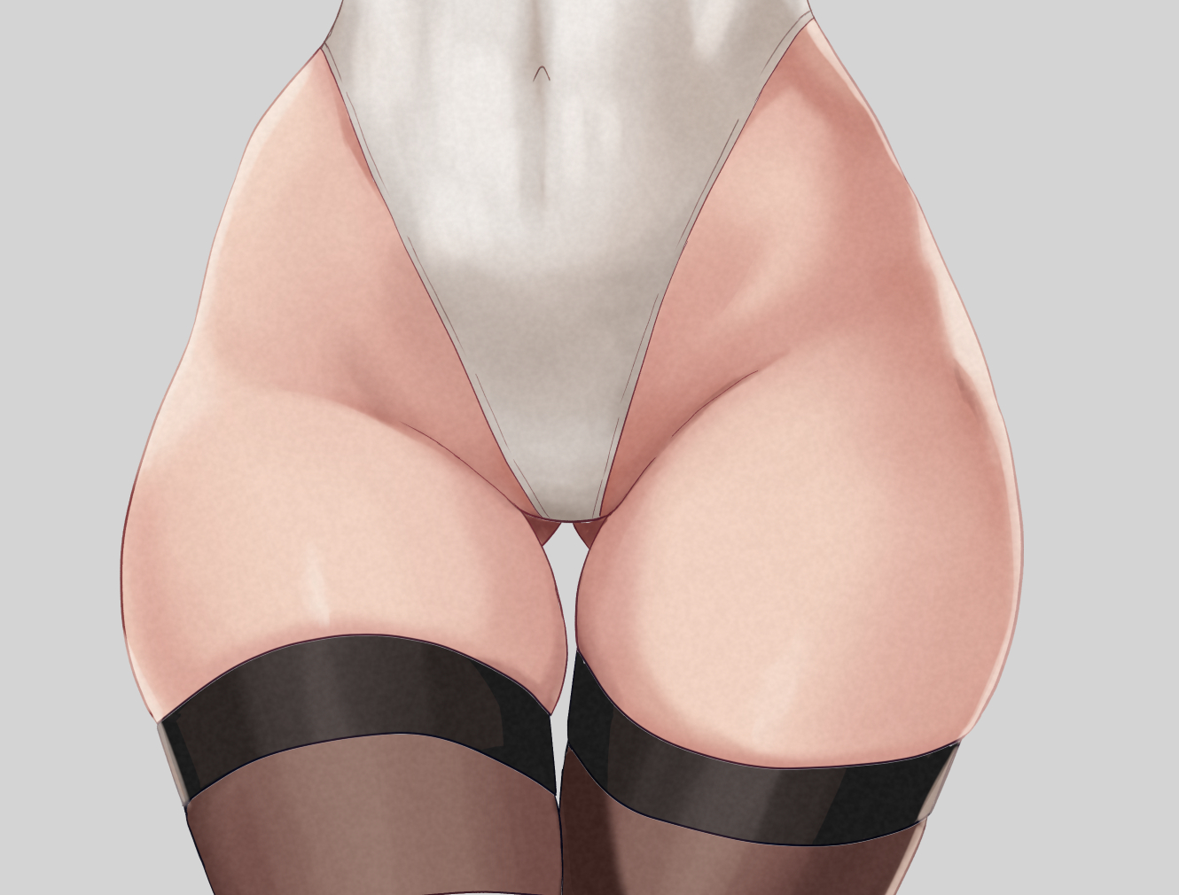 1girls, 2025, 2b (nier:automata), 2d, 2d (artwork), big butt, black thighhighs, color, colored, digital media (artwork), female, female only, gluteal fold, groin, hi res, high leg leotard, highleg, highleg leotard, leotard, light skin, light-skinned female, low-angle view, lower body, nier, nier (series), nier: automata, nier:automata, partially visible vulva, simple background, solo, standing, stockings, thick thighs, thigh focus, thigh gap, thighhighs, thighs, thong leotard, white background, white leotard, wide hips, yorha 2b