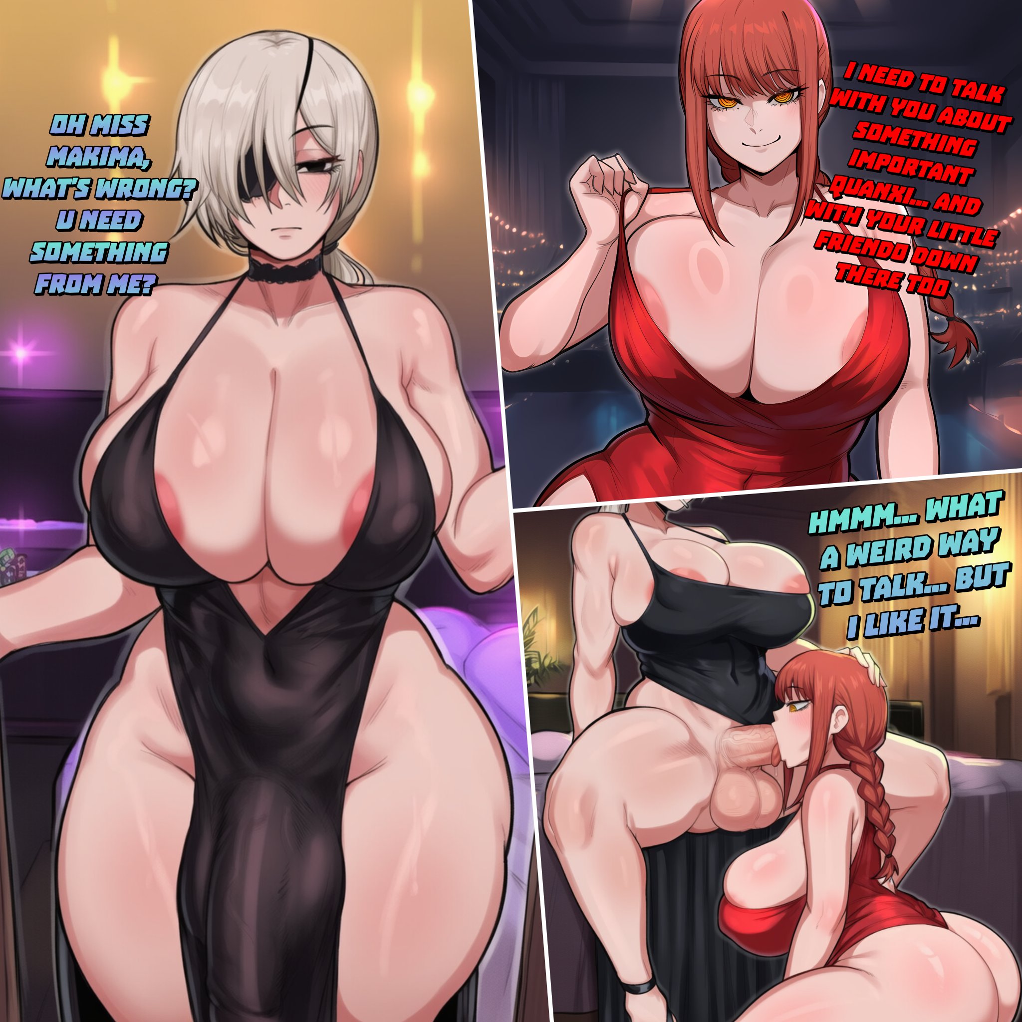 1futa, 1girls, ai generated, big ass, big balls, big breasts, big butt, big penis, big thighs, black dress, blowjob, bulge, bulge through clothing, chainsaw man, dress, fellatio, futa on female, futanari, kneeling, kneeling oral position, makima (chainsaw man), oral, penis bulge, penis under dress, quanxi (chainsaw man), rayasox, red clothing, red dress, red hair, redhead, skimpy, skimpy clothes, skimpy dress, skimpy outfit, skindentation, white hair