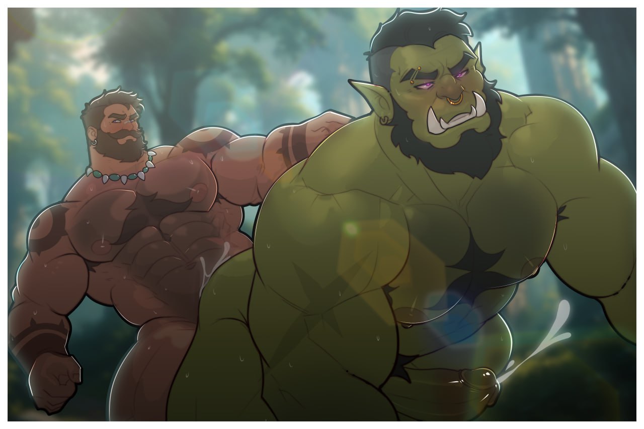 anal, anal sex, bara, beard, big pecs, cum, cum inside, cumming, cumming while penetrated, emironov17, gay, green skin, male, male only, muscular, muscular male, orc, orc male