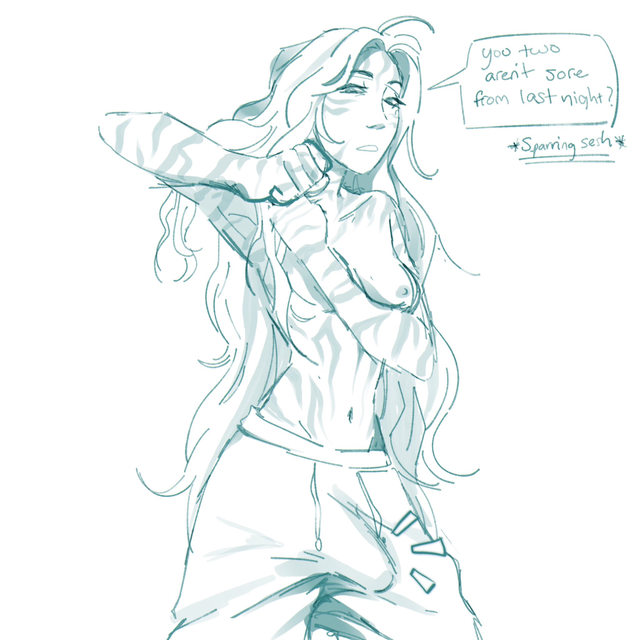 big penis, body markings, breasts, breasts out, bulge, bulge through clothing, dialogue, erection, erection under clothes, futa only, futanari, greyscale, kpop demon hunters, medium breasts, offscreen character, offscreen characters, rumi (kpop demon hunters), stretching, sweatpants, talking to offscreen, topless, very long hair, ziggyzookss