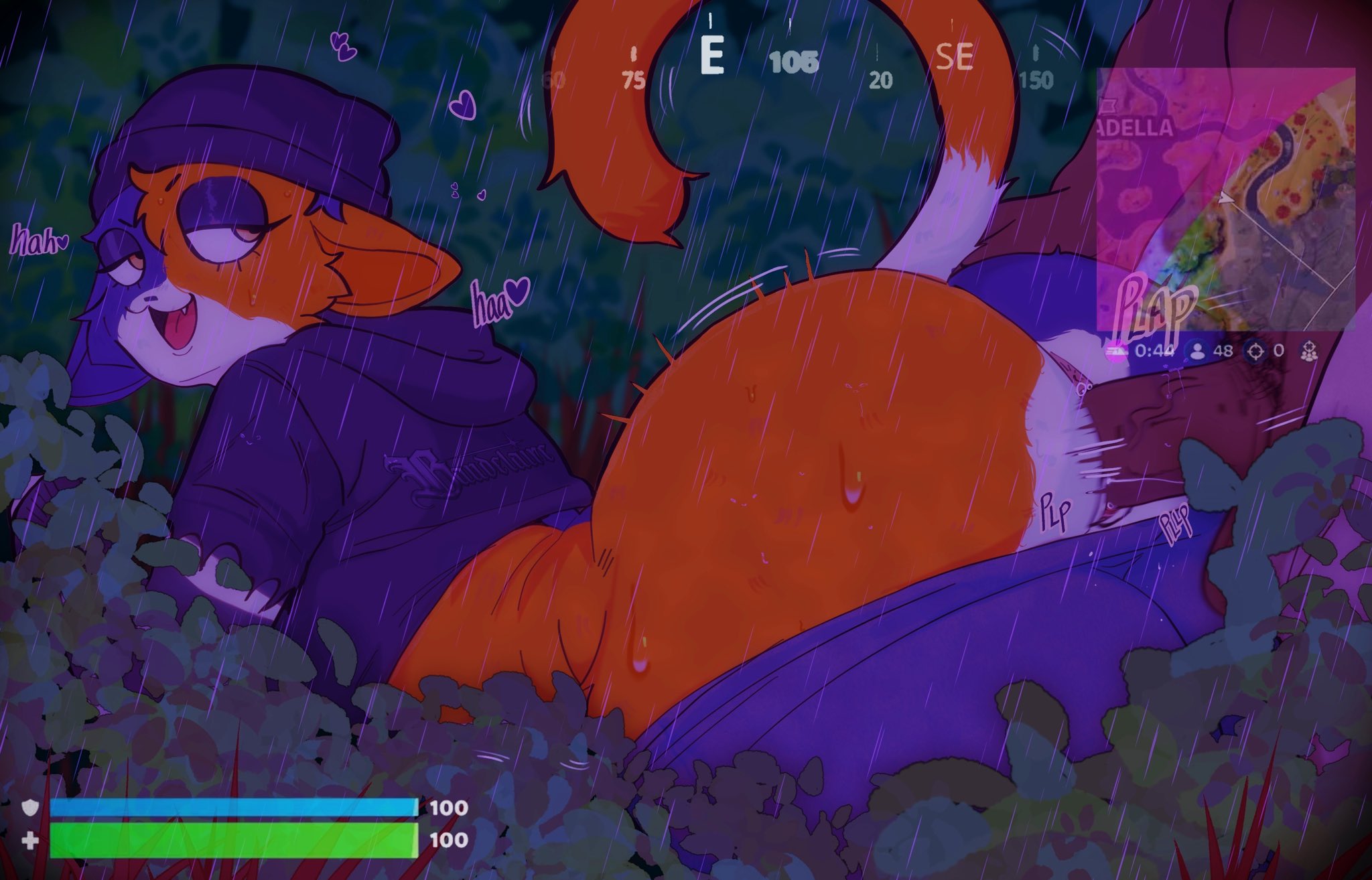 anthro, anthro penetrated, anus, ass, baudelaire, big butt, black eyeshadow, brown body, brown skin, calico cat, clothing, dark body, dark skin, domestic cat, duo, epic games, eyeshadow, felid, feline, felis, female, female anthro, female penetrated, fortnite, fur, hi res, hoodie, human, human on anthro, human penetrating, human penetrating anthro, interspecies, looking at another, looking at partner, looking back, looking back at another, looking back at partner, looking pleasured, makeup, male, male penetrating, male penetrating female, male/female, mammal, meow skulls, meow skulls (fortnite), moan, orange body, orange fur, outside, penetration, penile, penile penetration, penis in vagina, plant, raining, sex, shrub, smile, solo focus, thick thighs, tomboy, topwear, user interface, vaginal penetration, wet