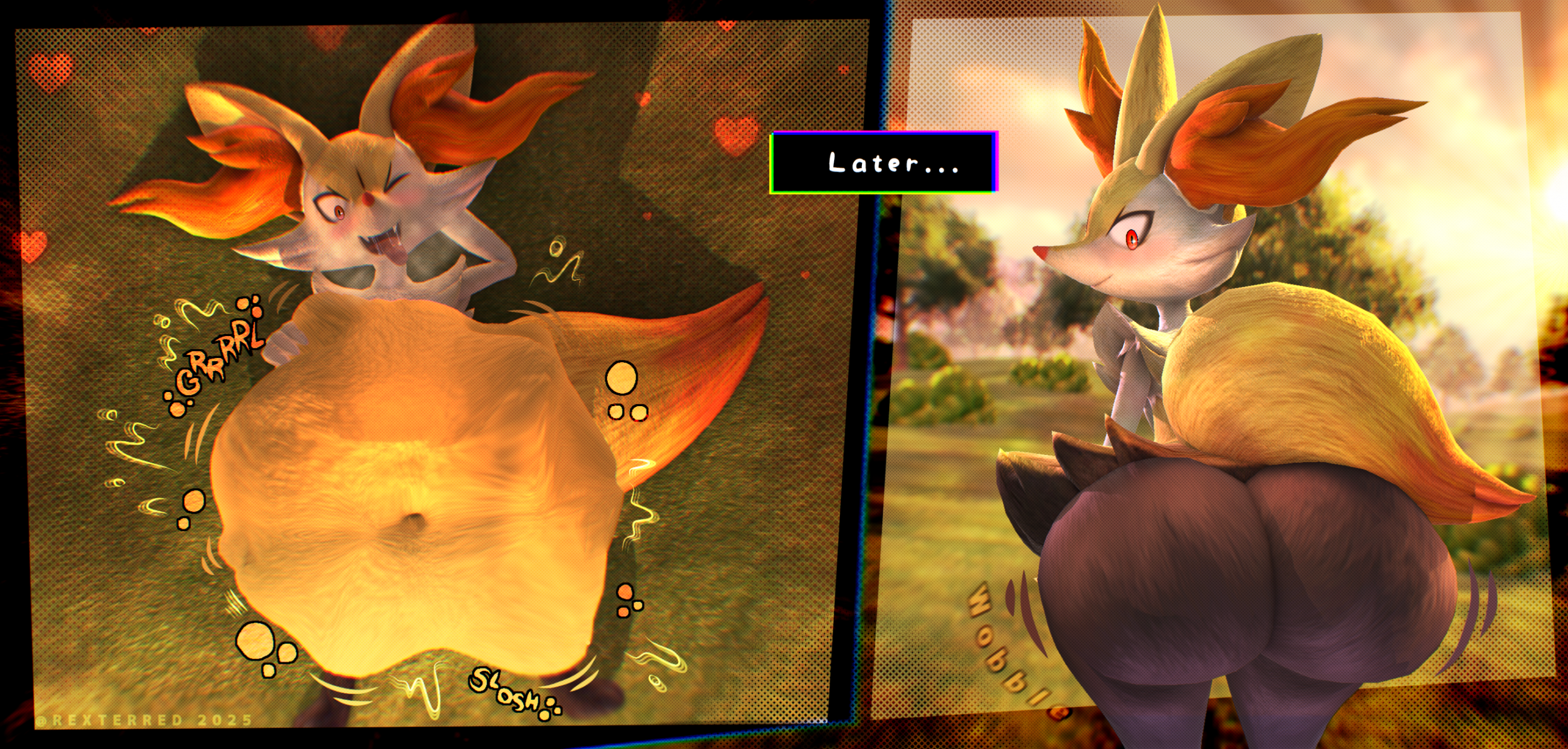 2025, 3d (artwork), ambiguous gender, ambiguous prey, anthro, ass, belly, big belly, big butt, big ears, black body, black fur, blush, bodily fluids, bottomwear, braixen, breath, butt expansion, cheek tuft, chest tuft, clothing, digestion, digital drawing (artwork), digital media (artwork), dipstick tail, expansion, facial tuft, fangs, fatal vore, female (lore), fur, generation 6 pokemon, hi res, huge belly, huge butt, hyper, hyper belly, inner ear fluff, looking back, looking pleasured, lying, markings, multicolored body, multicolored fur, navel, nintendo, on back, one eye closed, onomatopoeia, open mouth, outside, overweight, overweight ambiguous, overweight anthro, pointy nose, pokemon, pokemon (species), post digestion, presenting, presenting hindquarters, pseudo clothing, rear view, red body, red eyes, red fur, red nose, rexterred, saliva, skirt, slosh, sloshing belly, smile, solo, sound effects, steamy breath, stomach bulge, struggling, struggling prey, tail, tail markings, teeth, text, time skip, tongue, tongue out, tuft, vore, weight gain, white body, white fur, wobble (sound effect), wobbling butt, yellow body, yellow fur