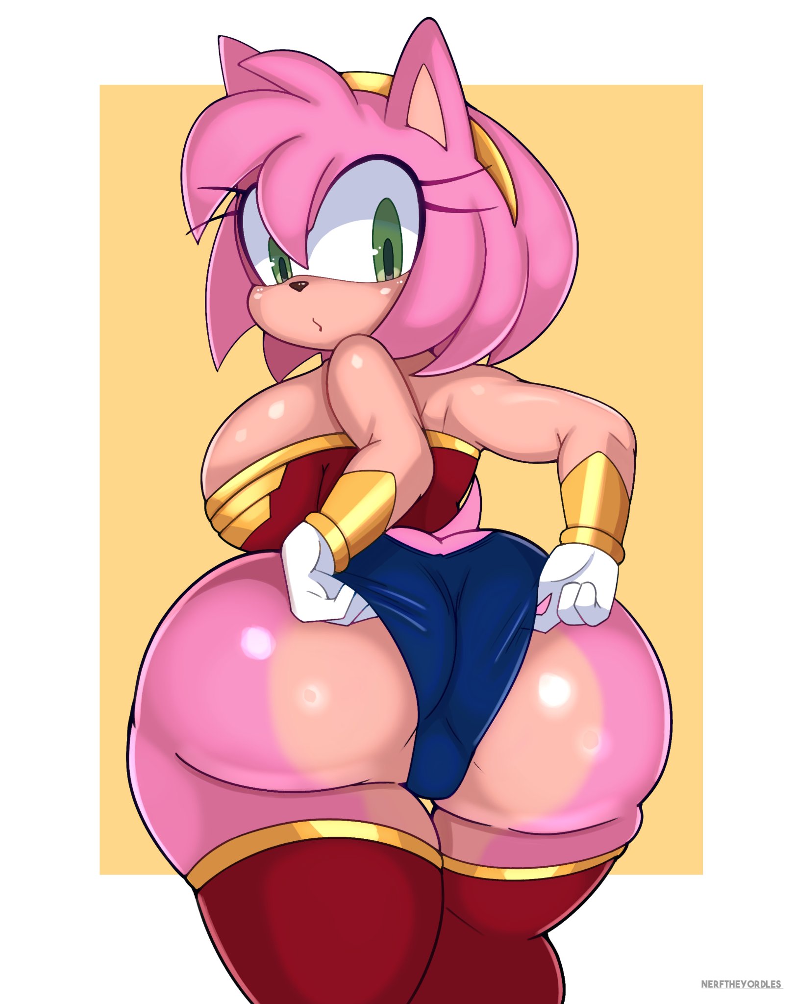 amy rose, anthro, ass, back boob, big breasts, big butt, breasts, clothing, cosplay, crossover, crossover cosplay, eulipotyphlan, female, green eyes, hedgehog, hi res, huge breasts, huge butt, huge hips, huge thighs, legwear, leotard, looking back, mammal, nerftheyordles, pink body, rear view, sega, solo, sonic (series), sonic the hedgehog (series), thick thighs, thigh highs, wide hips, wonder woman (cosplay)