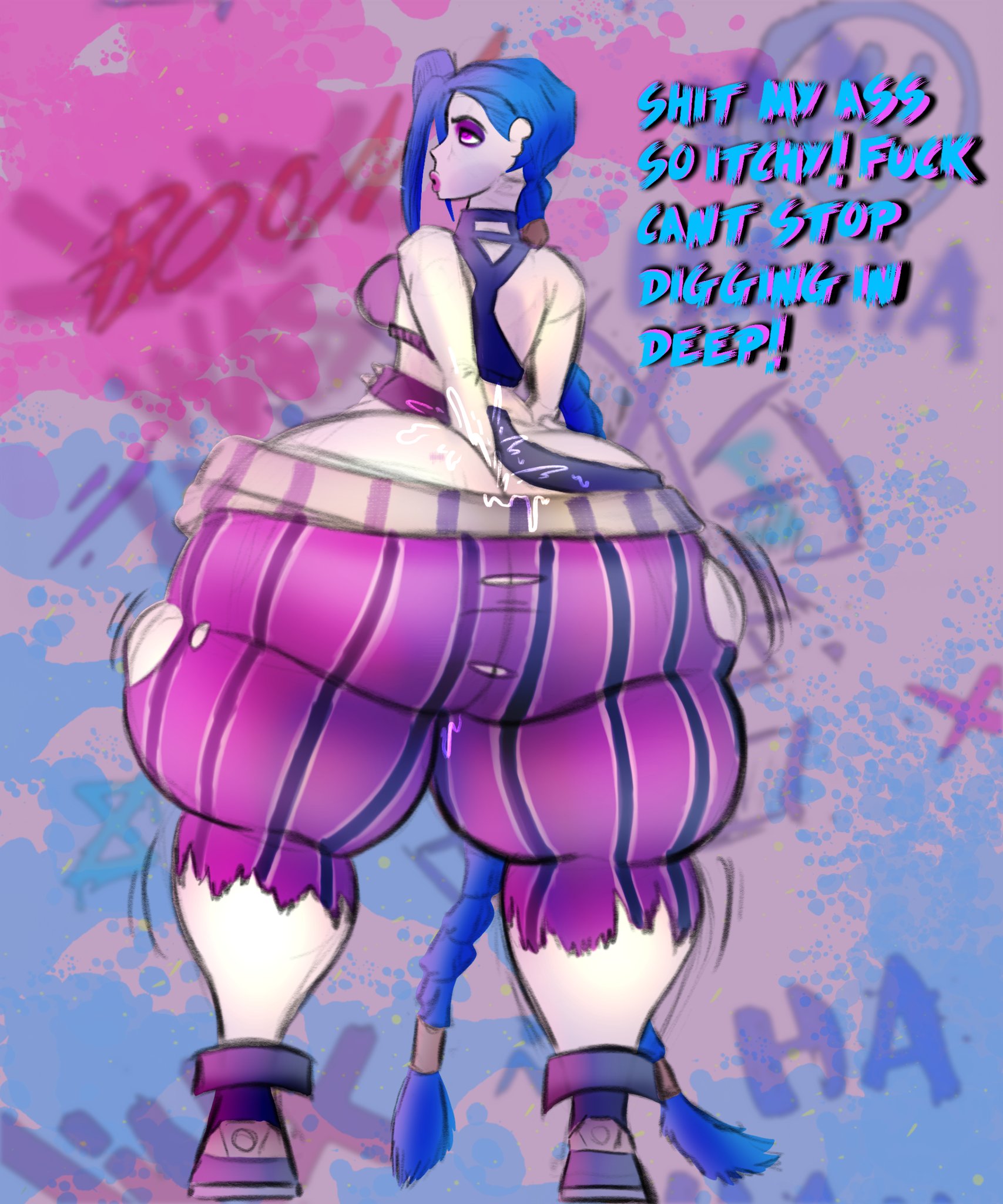 1girls, arcane, ass, ass focus, big ass, big thighs, blue hair, braided ponytail, bubble ass, bubble butt, butt digging, butt focus, clothed, clothed female, clothing, dialogue, digging into butt, digging up in they ass, english dialogue, english text, fat ass, female, female focus, female only, hand in ass, hand on ass, hand on butt, huge ass, huge thighs, jinx (arcane), jinx (league of legends), large thighs, league of legends, long hair, massive ass, massive butt, pants, pink eyes, riot games, solo, solo female, solo focus, superbone, text, thick ass, thick thighs, twintails, wide hips