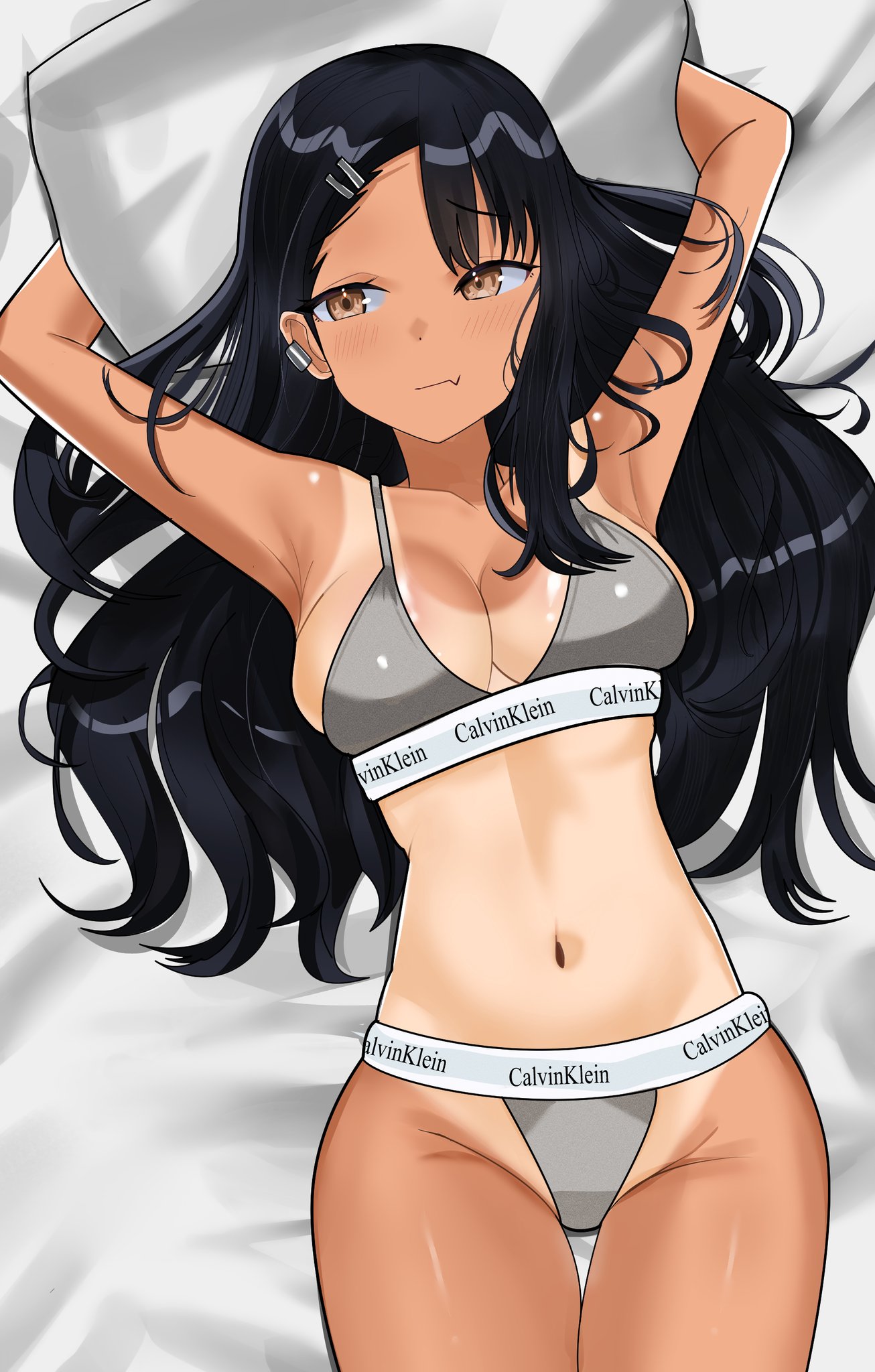 1female, 1girls, almost naked, big breasts, black hair, bra, breasts, brown hair, calvin klein, clothes writing, female, female only, grey bra, grey panties, hakucho293, hayase nagatoro, long hair, looking away, lying, lying on back, lying on bed, oerba yun fang, panties, partially clothed, please don't bully me, nagatoro, pov, tan body, tan skin, underwear
