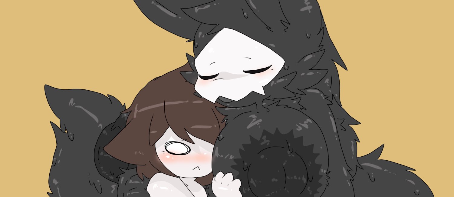 2d, anthro, areola, areolae, big breasts, black areola, black fur, black latex, blush, breasts, breasts bigger than head, canid, canid humanoid, canine, canine humanoid, changed (video game), chano, closed eyes, colin (changed), dark areola, female puro, furry, hand on breast, head between breasts, hug, lin (changed), mask, masked female, nude, nude female, o o, open mouth, puro (changed), sanu (サヌ), simple background