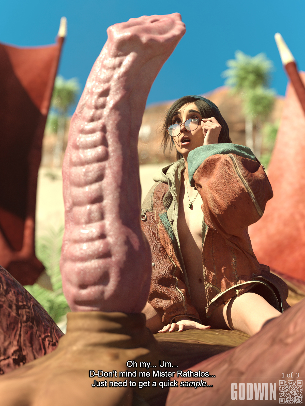 1girls, 1monster, 3d, alma (monster hunter wilds), balls, brown eyes, brown hair, caption, cleavage, cock, comic, comic page, cowgirl position, desert, dick, dragon, enormous cock, enormous penis, female, feral, feral on female, flying wyvern, genitals, glasses, godwin, half naked, huge cock, human, interspecies, jacket only, jacket open, kneeling, larger feral, massive cock, massive penis, monster, monster cock, monster hunter, monster hunter wilds, monster on female, neroxliv, no panties, no pants, non-human, open clothes, open jacket, outdoors, outside, page 1, penis, penis awe, penis bigger than body, pubic hair, rathalos, red scales, reptile, reptile penis, ridged penis, scales, scalie, scrotum, sheath, shocked, shocked expression, size difference, smaller human, stare, staring, subtitled, tagme, talking to another, testicles, text, uncensored, wings, wyvern