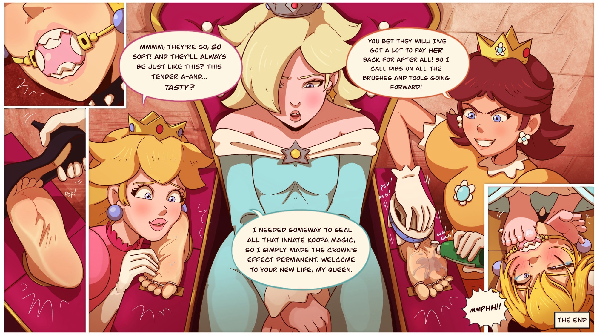 4girls, antagonistsub protagonistdom, bad end, ball gag, bondage, bound, bound bandit, bowsette, captured, captured villainess, comic, damsel in distress, defeated, defeated villainess, dialogue, dominant hero, domination, enslaved royal, feet, female, female focus, female only, femdom, femsub, foot on face, forniphilia, gag, gagged, game over, high heels, human furniture, humiliation, incest, incest (lore), incestuous, lezdom, mario (series), multiple doms, nintendo, princess, princess daisy, princess peach, princess rosalina, royalty, sex slave, sisters, slave, submissive, submissive female, tagme, tears, throne, tickling, tickling feet, tied up, toes tied, yuri