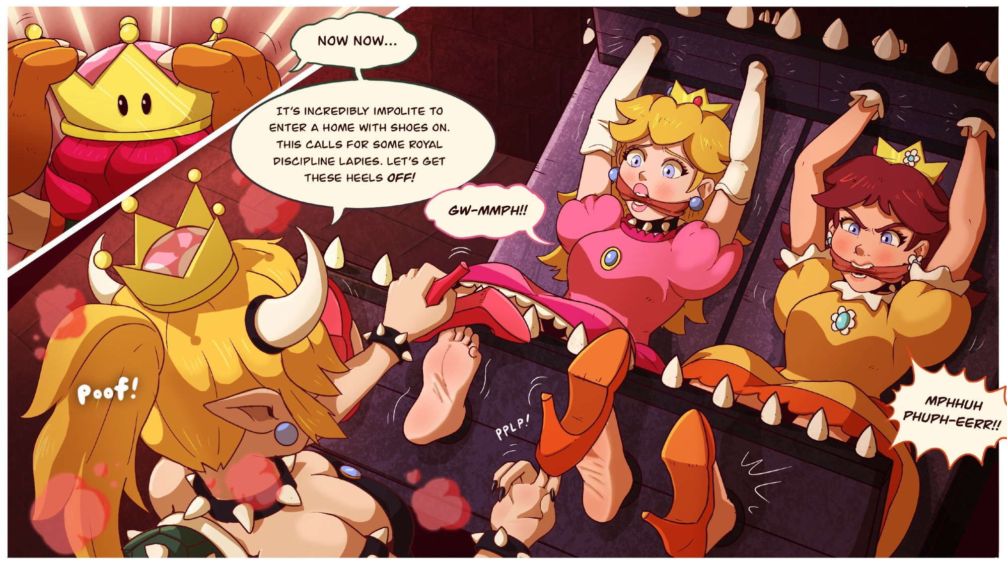 3girls, angry, blonde hair, blue eyes, bondage, bound, bound bandit, bowser, bowsette, brown hair, captured, captured heroine, cleave gag, clothing, comic, crown, damsel in distress, defeated, defeated heroine, dialogue, domination, dress, earrings, enslaved royal, feet, female, female focus, female only, femdom, femsub, foot fetish, gag, game over, genderswap, genderswap (mtf), high heels, human, human female, humanoid, humanoid female, humiliation, light skin, light-skinned female, mammal, mario (series), mature, mature female, nintendo, orange dress, pink dress, princess, princess daisy, princess peach, royalty, rule 63, sex slave, slave, stocks, submissive, submissive female, tagme, text, text bubble, tied up