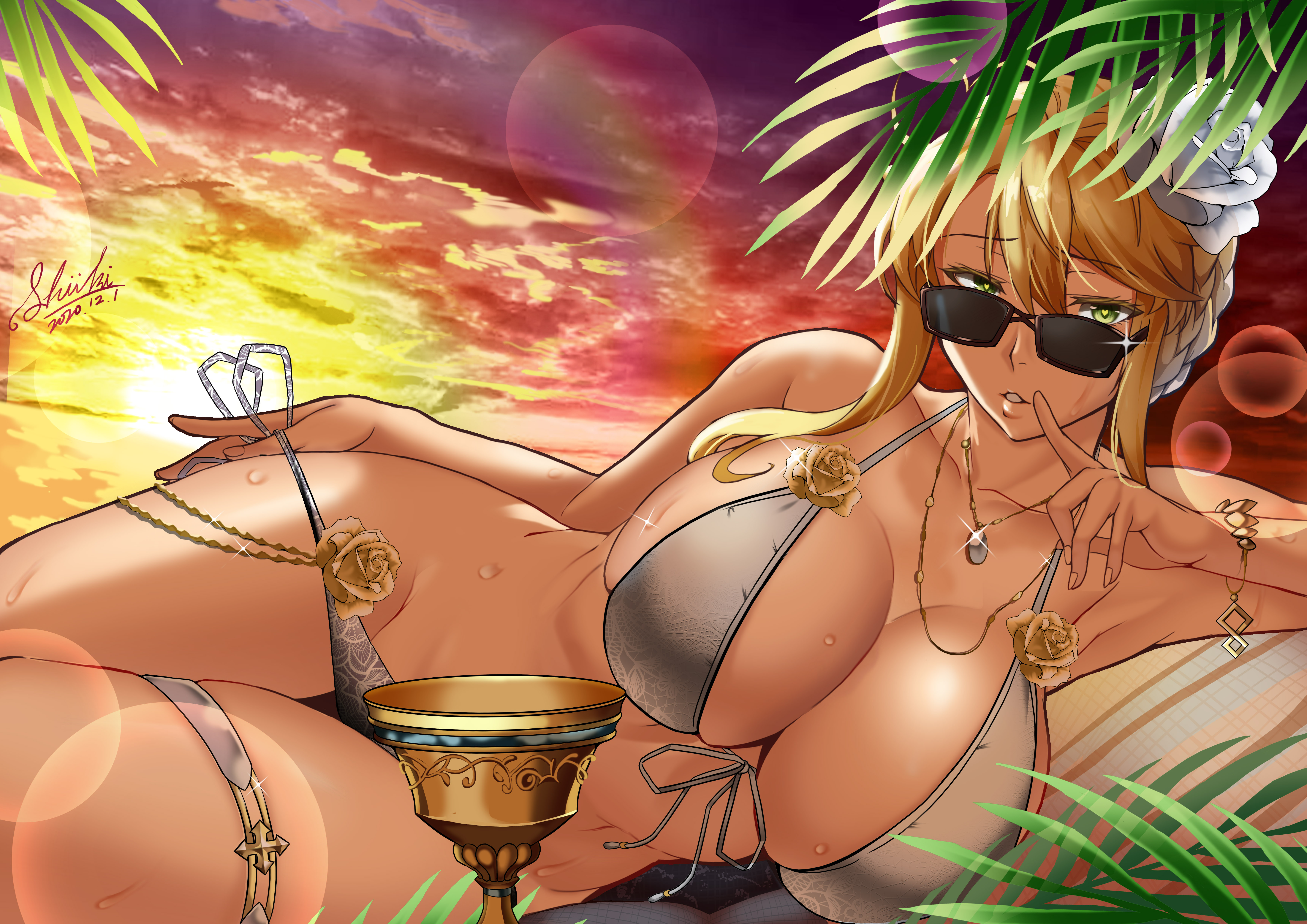 1girls, artoria pendragon, artoria pendragon (lancer), bangs, bare shoulders, bikini, blonde hair, braid, breasts, chalice, cleavage, collarbone, fate (series), fate/grand order, female, flower, french braid, gradient sky, green eyes, grey bikini, hair between eyes, hair flower, hair ornament, heart-shaped pupils, jewelry, large breasts, lens flare, long hair, looking at viewer, looking over eyewear, looking over glasses, lying, necklace, on side, orange sky, parted lips, shiiki (love-saber), sidelocks, sky, sunglasses, sunset, swimsuit, thighs, tinted eyewear, twilight, wet