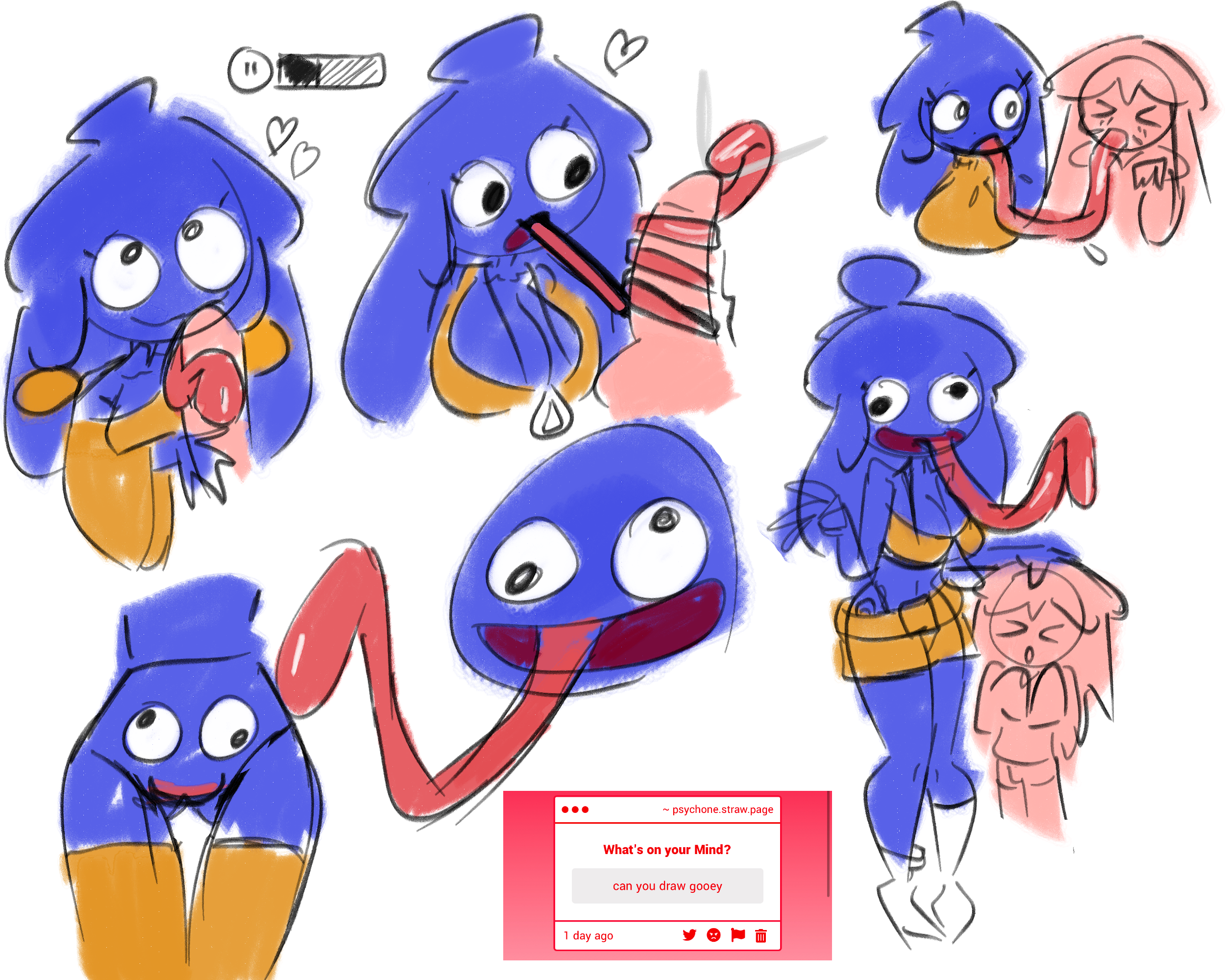 1futa, 1girls, artist upload, blowjob, drawing on body, female, futa on female, gooey (kirby), humanized, humanoidized, kirby, kirby (series), kissing, kissing penis, love, nintendo, no background, psychone, request, rule 63, self upload, size difference, strawpage request, tongue, tongue around penis, tongue kiss, tongue out, tongue out blowjob, tongue wrap, tonguejob, yuri