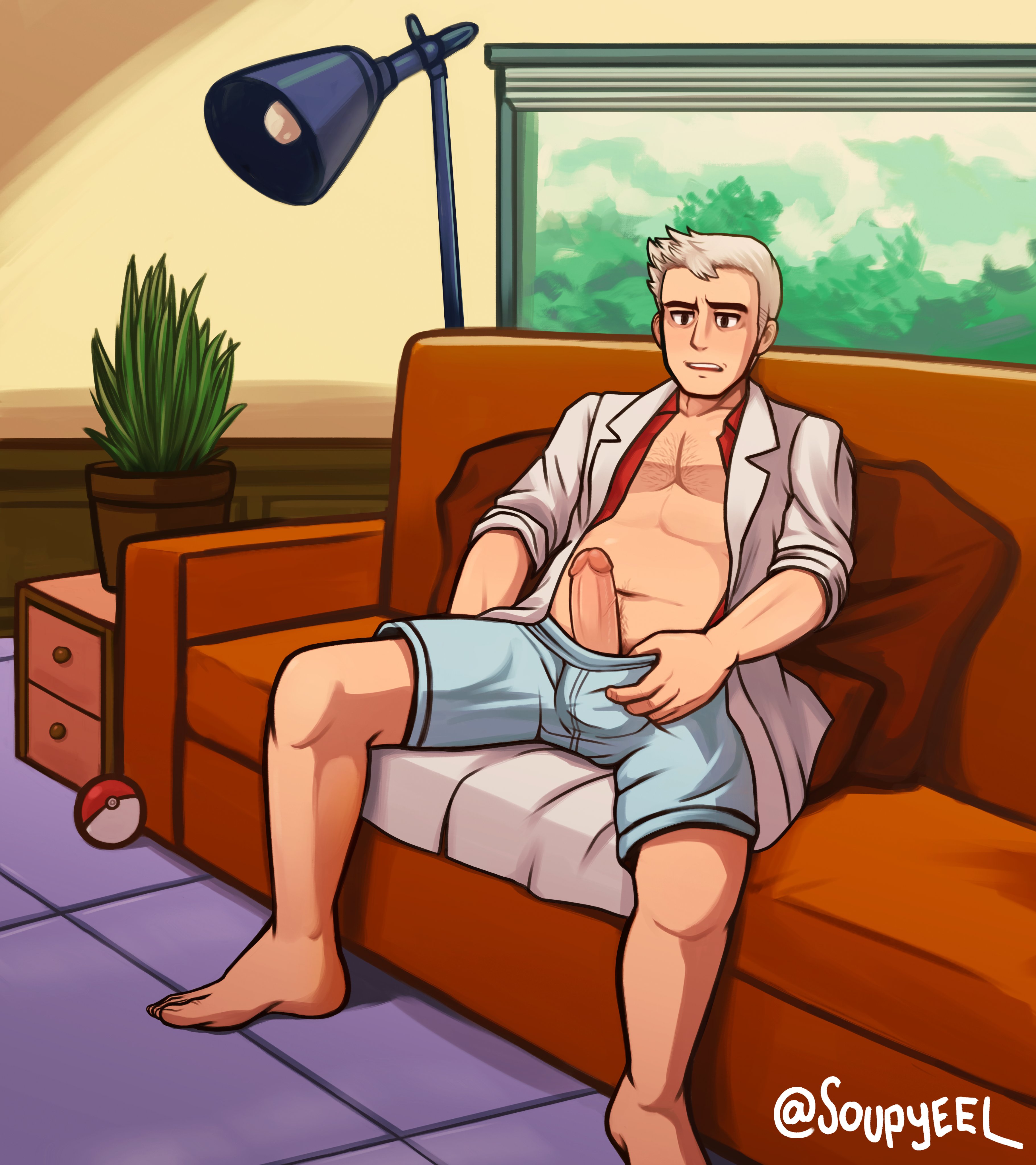 1boy, big penis, coat, gay, human, male, male only, older male, penis, pokemon, professor oak, solo, soupyeel, white hair, yaoi