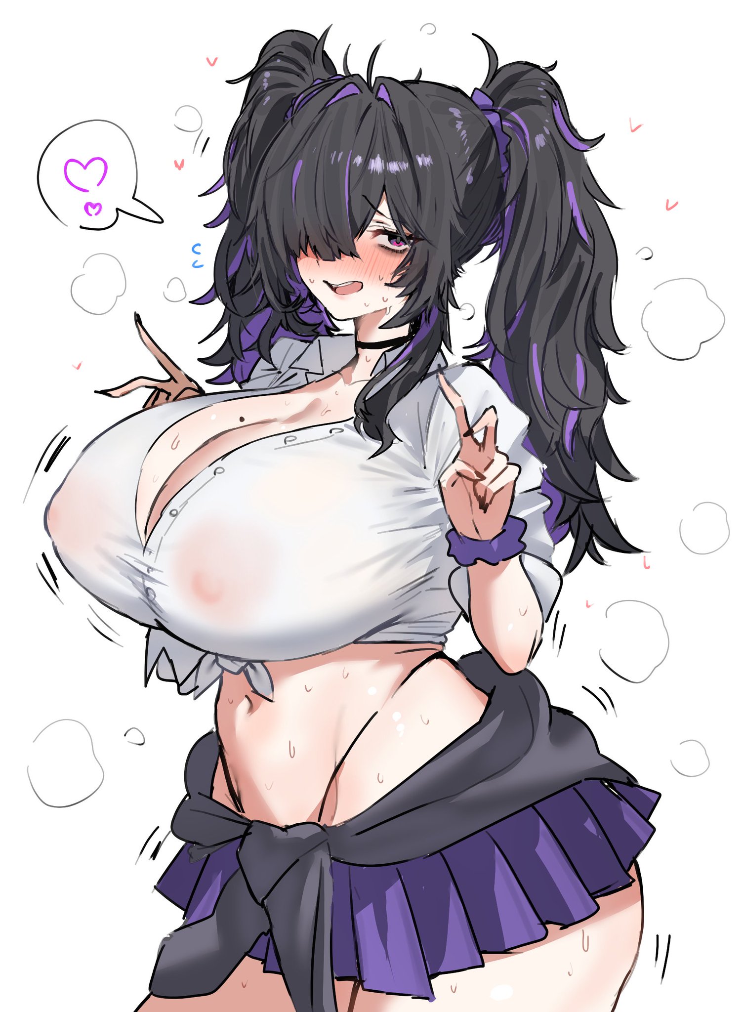 1girls, 2026, 2d, 2d (artwork), alternate clothing, areola, areolae, areolae visible through clothing, belly, belly button, big breasts, black hair, blush, breasts, cleavage, clothed, clothed female, clothing, color, colored, female, female focus, female only, goddess of victory: nikke, gyaru, gyarufication, gyarufied, heart, heart symbol, horn/wood, huge breasts, label (nikke), large breasts, light skin, light-skinned female, miniskirt, mole, mole on breast, multicolored hair, neet, neet girl, nikke, nipples, nipples visible through clothing, open mouth, open mouth smile, peace sign, purple eyes, purple hair, simple background, skimpy, skimpy clothes, skirt, smile, smiling, smiling at viewer, solo, solo female, solo focus, spoken heart, standing, sweat, sweating, sweaty body, twintails, visible nipples, white background