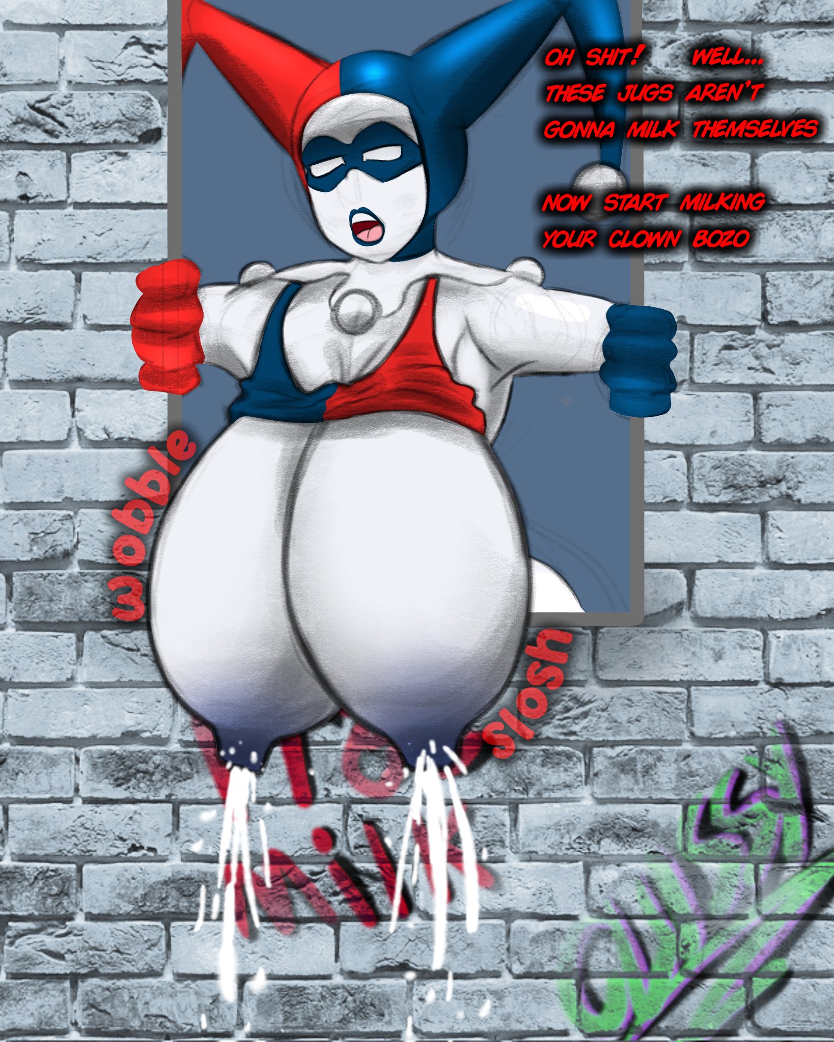 1girls, areolae, batman (series), big breasts, bra, breasts out, busty, cleavage, clown, clown girl, dc, dc comics, dialogue, english dialogue, english text, female, female focus, female only, grabbing, grabbing own breast, harley quinn, harley quinn (classic), huge breasts, jester, jester costume, jester girl, jester hat, jester outfit, lactating, lactation, large breasts, massive breasts, milk, milking breasts, nipple bulge, nipples, self fondle, solo, solo female, solo focus, speech bubble, superbone, text