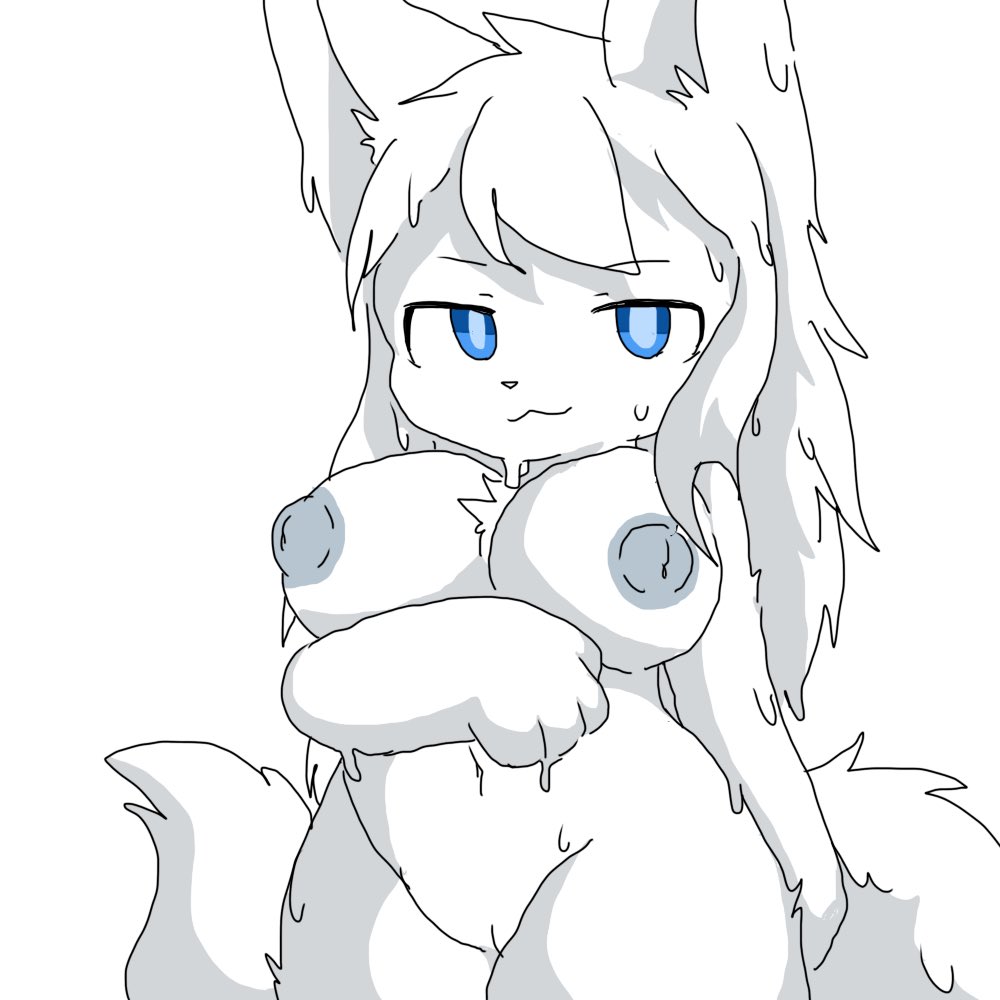 2d, anthro, areola, areolae, arm under breasts, big breasts, blue eyes, changed (video game), chano, dark areola, felid, felid humanoid, feline, feline humanoid, furry, goo creature, grey areola, lin (changed), long hair, looking at viewer, nude, nude female, sanu (サヌ), simple background, tiddy kitty (changed), white background, white fur, white goo, white sclera