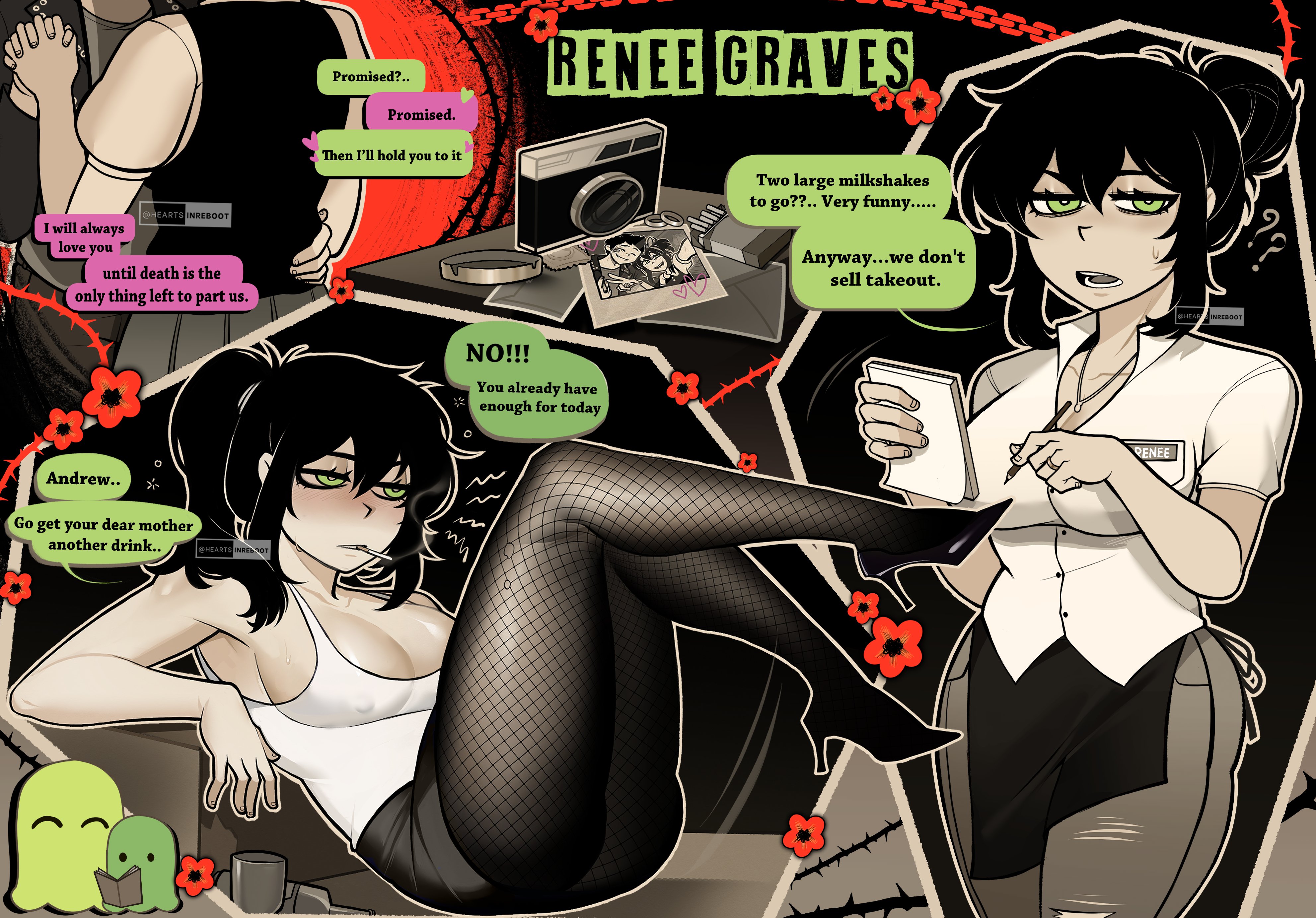 1boy, 1girls, 2026, absurdres, artist name, black hair, blush, breasts, camera, cigarette, cigarette in mouth, cleavage, douglas graves, drunk, english text, female, female focus, fishnet pantyhose, fishnets, green eyes, heartsinreboot, high heels, highres, large breasts, looking at viewer, milf, nipples, nipples visible through clothing, open mouth, pantyhose, ponytail, renee graves, shirt, smoking, sweaty, text, the coffin of andy and leyley, watermark