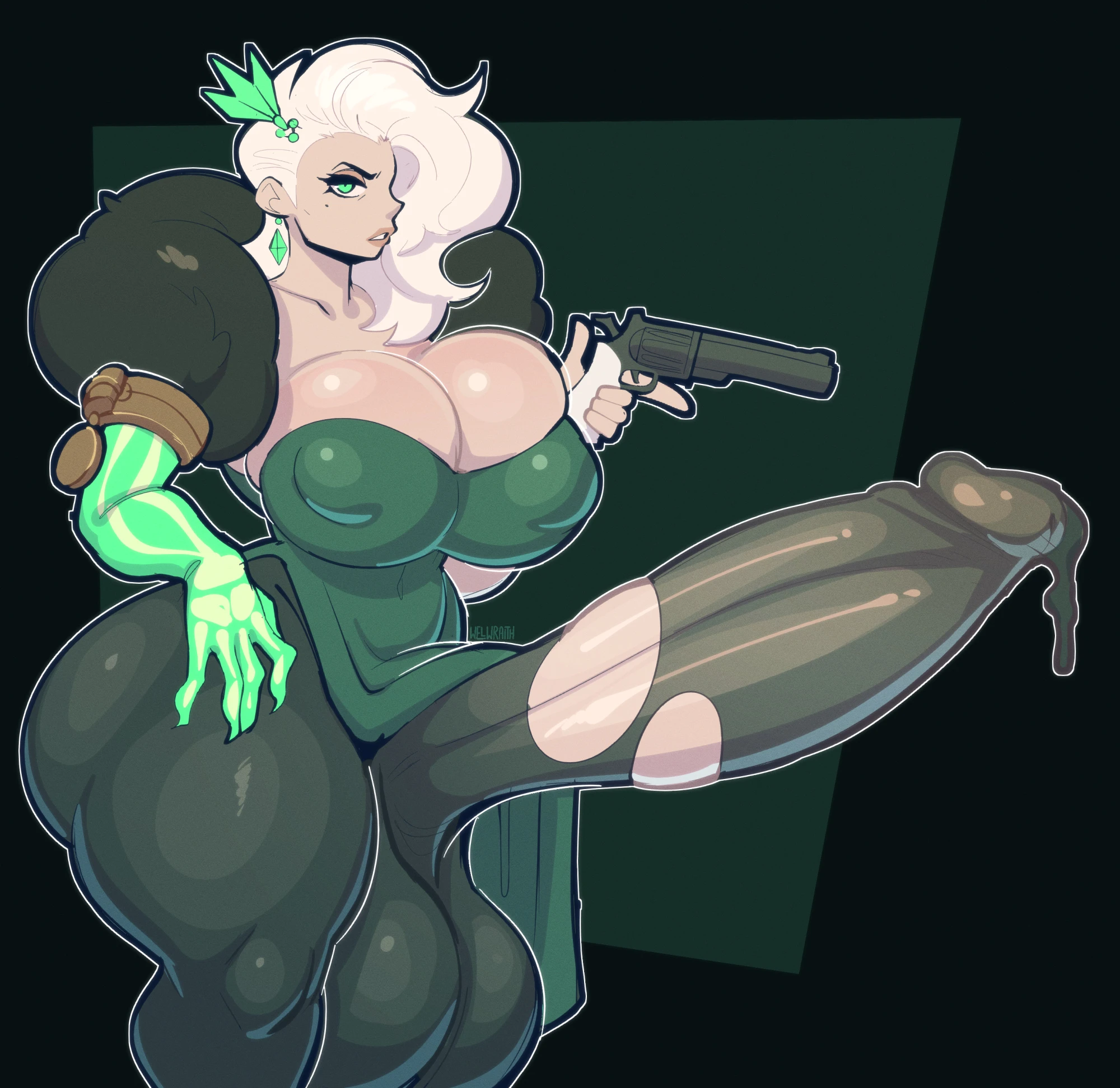 1futa, balls, breasts, cleavage, clothed, clothing, collarbone, covered erect nipples, covered nipples, deadlock, earrings, erection, erection under clothes, fur trim, furrowed brow, furrowed eyebrows, futa only, futanari, gem earrings, green dress, green earrings, green eyes, hair ornament, holding revolver, huge ass, human, hyper balls, hyper penis, hyper testicles, lady geist, large breasts, leaking precum, light skin, mostly clothed, nipple bulge, penis, precum, revolver, smooth balls, smooth penis, solo, standing, thick thighs, torn pantyhose, valve, welwraith, white hair, white-haired female