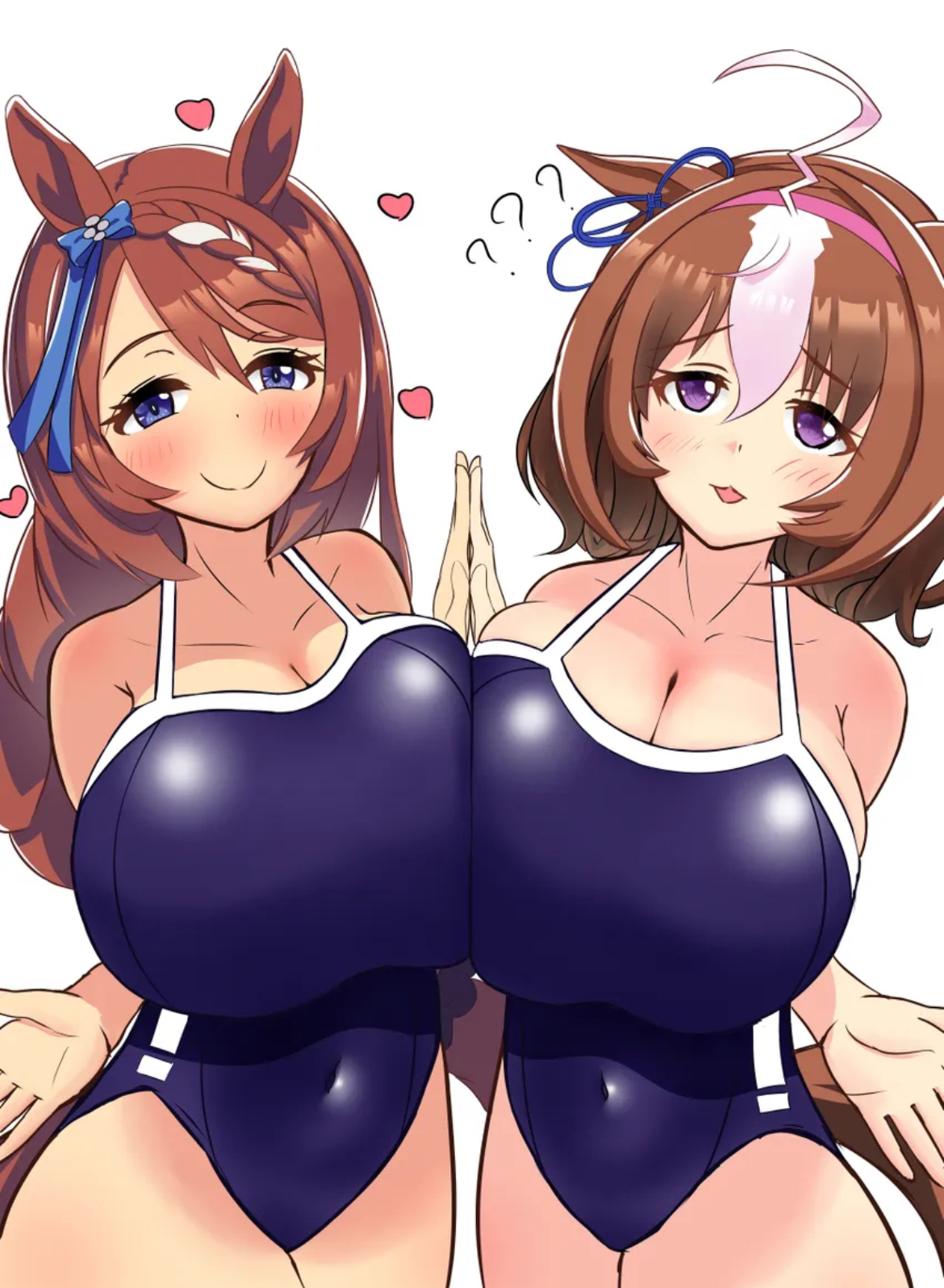 belly button, belly button visible through clothing, big breasts, blue eyes, blush, blushing at viewer, bodies pressed together, boobs, boobs bigger than head, breast to breast, breasts bigger than head, breasts bigger than torso, breasts focus, breasts touching, brown hair, busty, busty female, curvy, curvy figure, cute, cute face, female, female only, g cup, ginger, hands together, hearts around head, hips, horse, horse ears, horse girl, horse tail, huge breasts, looking at viewer, meisho doto (umamusume), purple, sexy, sexy body, sexy female, super creek (umamusume), swimsuit, thighs, tits, umamusume, umamusume pretty derby