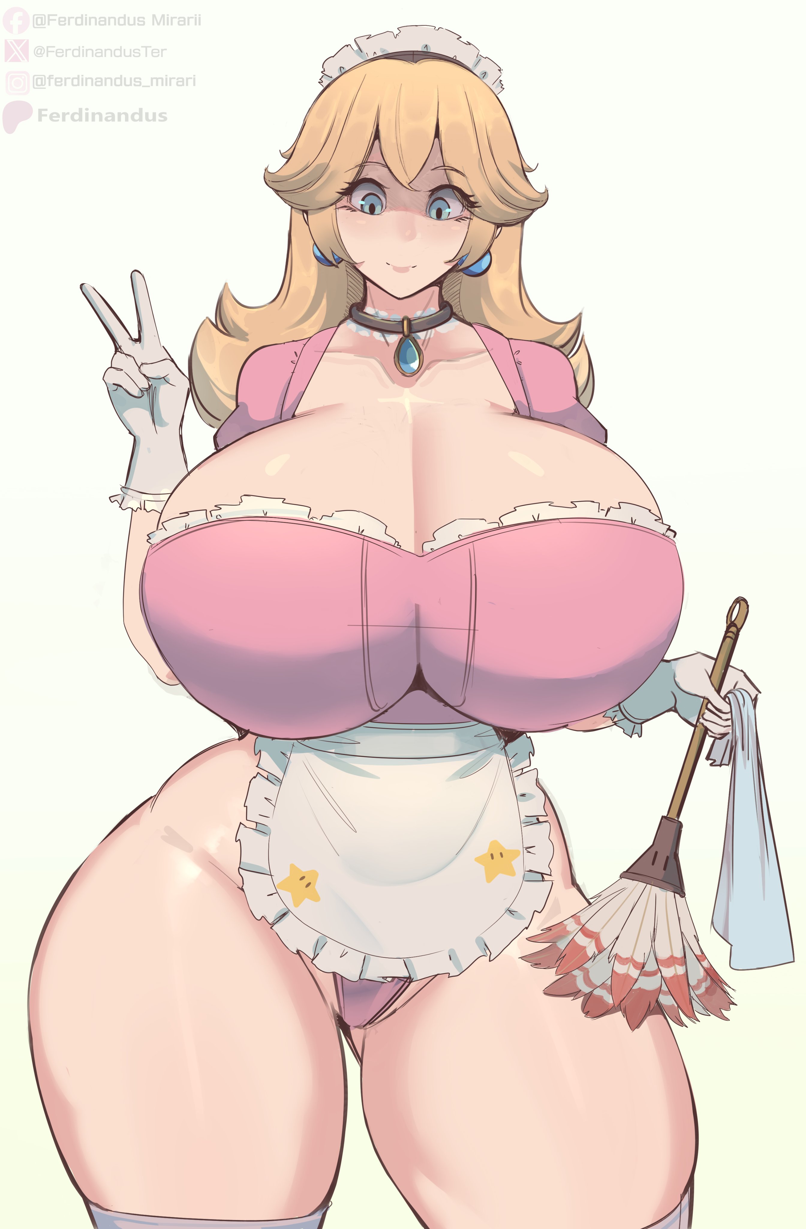 1girls, artist name, blonde hair, blue eyes, breasts, cleavage, crown, earrings, female, female focus, female only, ferdinandus, gloves, huge breasts, large breasts, light skin, light-skinned female, looking at viewer, maid, mario (series), nintendo, princess peach, simple background, solo, thick thighs, thighs, v, white gloves, wide hips