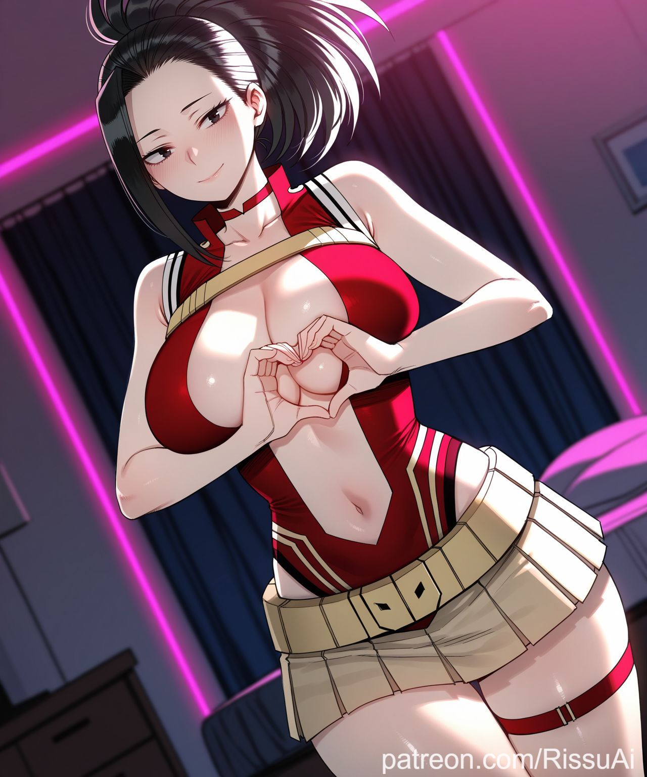1girls, 2026, ai generated, bed, big ass, big breasts, black eyes, black hair, black-haired female, blurry background, blush, boku no hero academia, choker, cinematic lighting, female, female only, heart hands, high ponytail, indoors, inside, momo yaoyorozu, my hero academia, patreon, perfect ass, perfect body, perfect boobs, ponytail, purple neon, red bodysuit, rissuai, room, sexy, sexy body, sexy pose, short skirt, skirt, voluptuous, voluptuous female