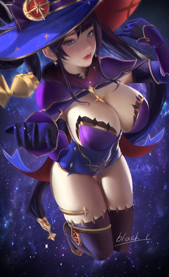 1girls alternate_breast_size astrology black_c breasts busty cleavage curvy female female_only genshin_impact large_breasts leotard lips lipstick mona_(genshin_impact) thighhighs witch_hat