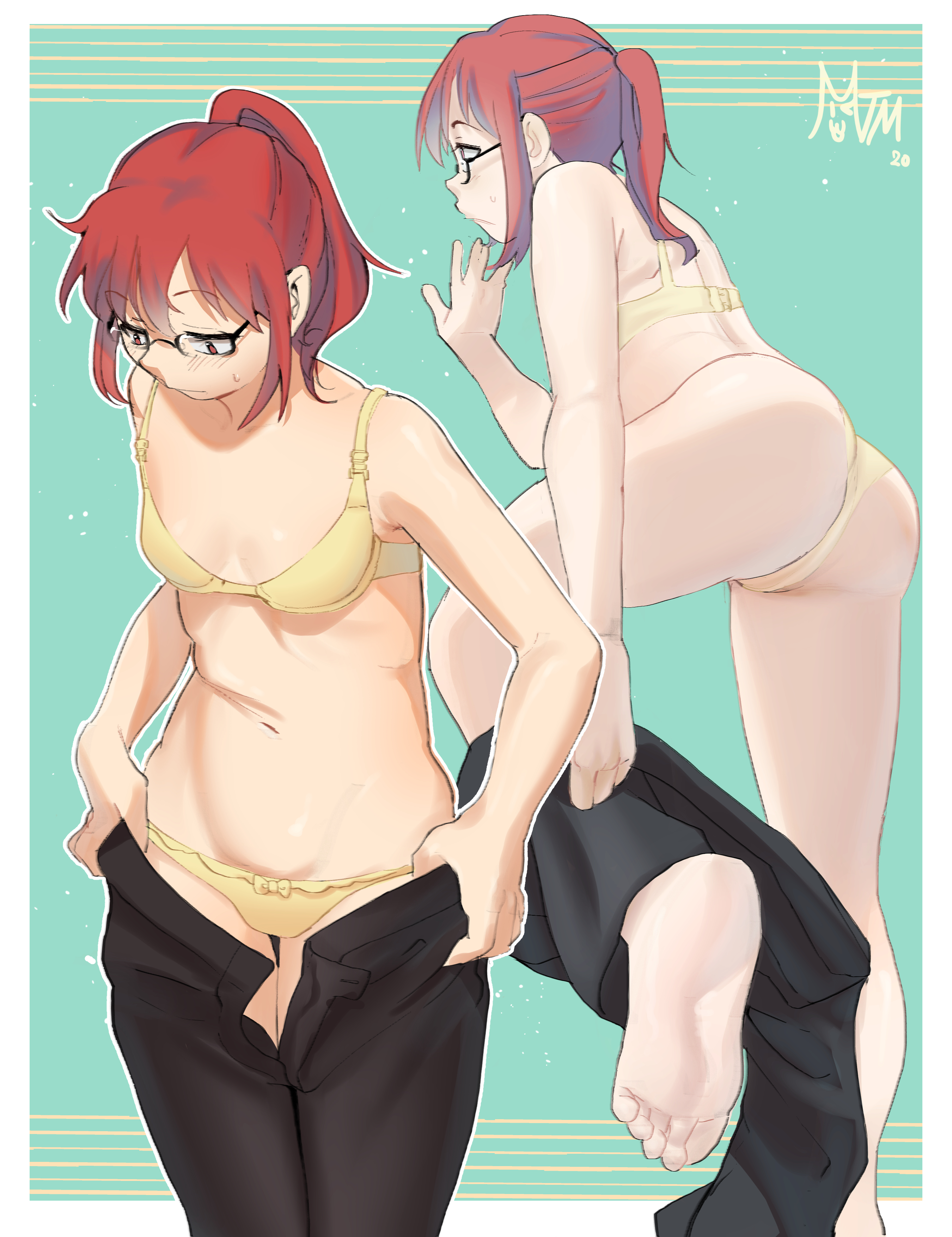 1girls, ass, blush, bra, breasts, clothing, female, female only, glasses, kobayashi, mangonectar, miss kobayashi's dragon maid, panties, ponytail, red hair, small breasts, solo, underwear, undressing