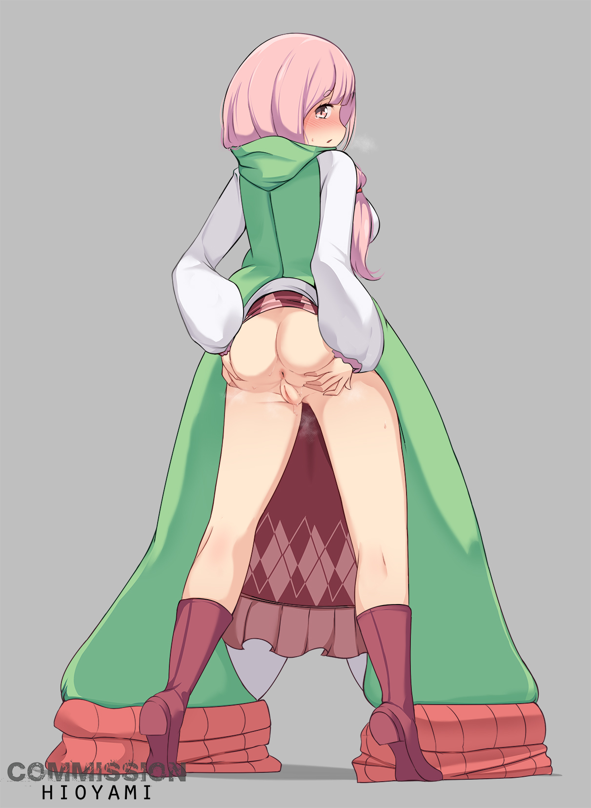 anus, ass, blush, boots, breasts, breath, carmilla (re:zero), crying, female, female only, high resolution, hioyami, looking at viewer, looking back, looking back at viewer, medium breasts, nopan, pink eyes, pink hair, presenting ass, pussy, re:zero kara hajimeru isekai seikatsu, scarf, solo, sweat, uncensored, vagina