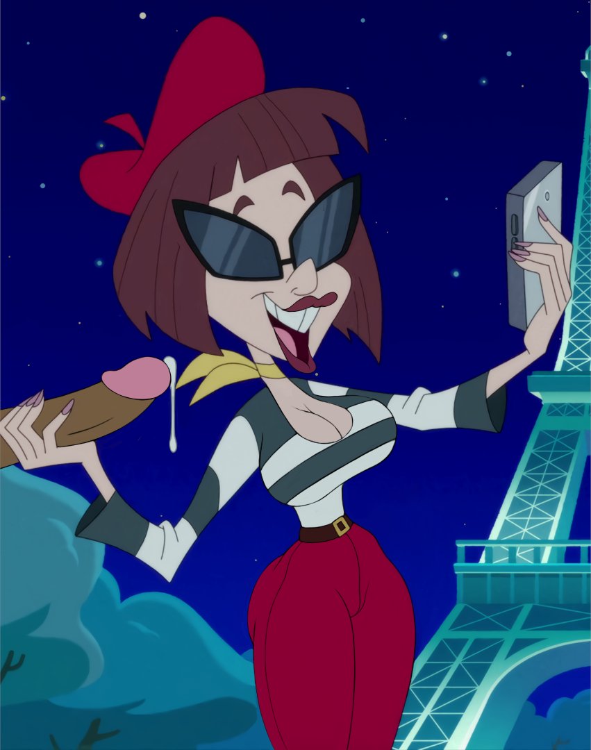 1girls animaniacs animaniacs_(2020) beret big_breasts breasts cellphone cleavage cum cum_drip curvy curvy_female disembodied_penis female holding_penis hourglass_figure hulu monkeyman_(artist) penis precum selfie sunglasses thick_thighs warner_brothers wide_hips