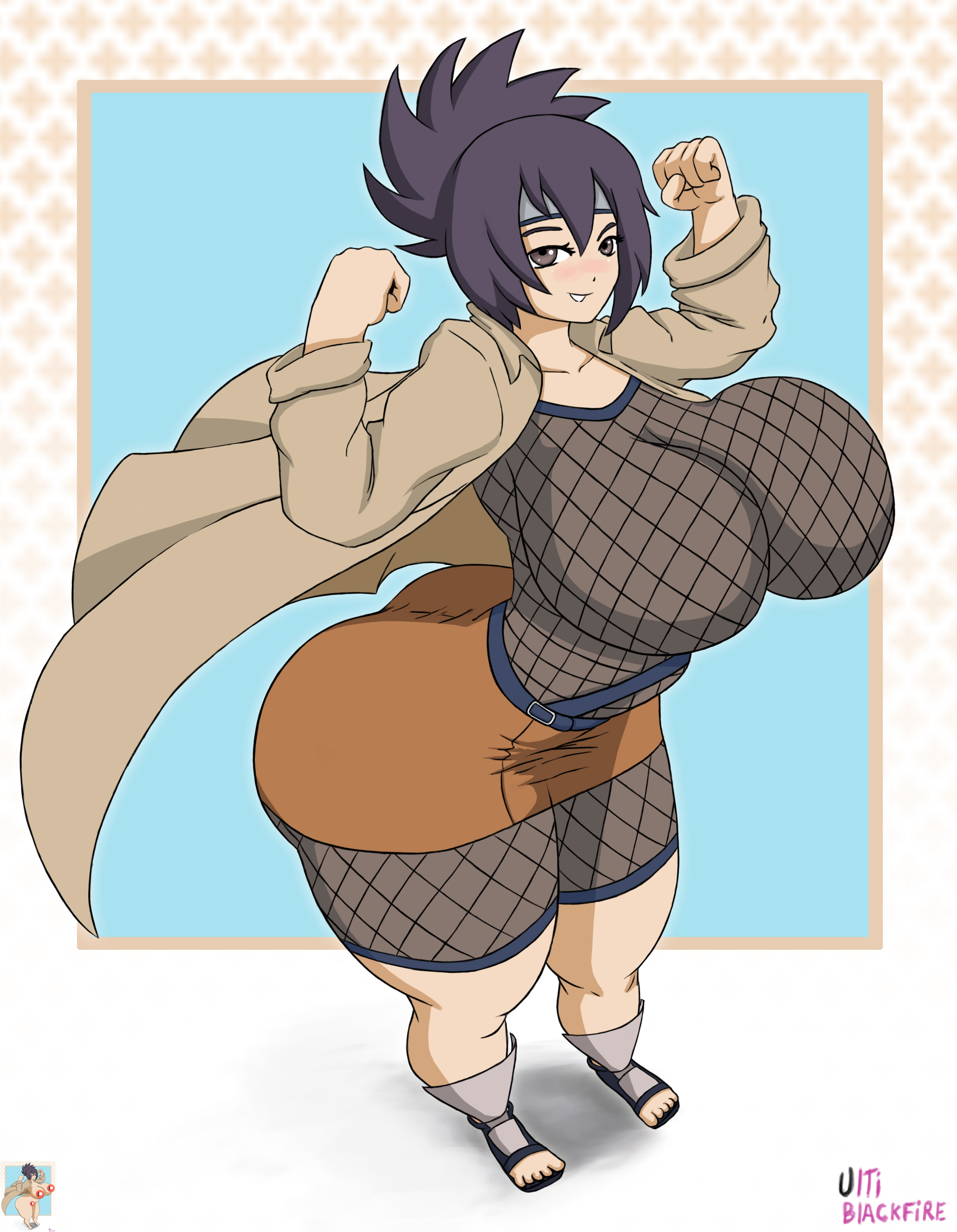 1girls, arched back, arms up, ass, bangs, big breasts, breasts, cleavage, clenched fist, clenched hand, clothing, coat, collarbone, feet, female, female only, fishnet bodysuit, fishnets, headband, huge breasts, leaning forward, long hair, mitarashi anko, naruto, naruto (series), naruto shippuden, open toe shoes, purple hair, sandals, skirt, solo, tied hair, toes, ultiblackfire, voluptuous