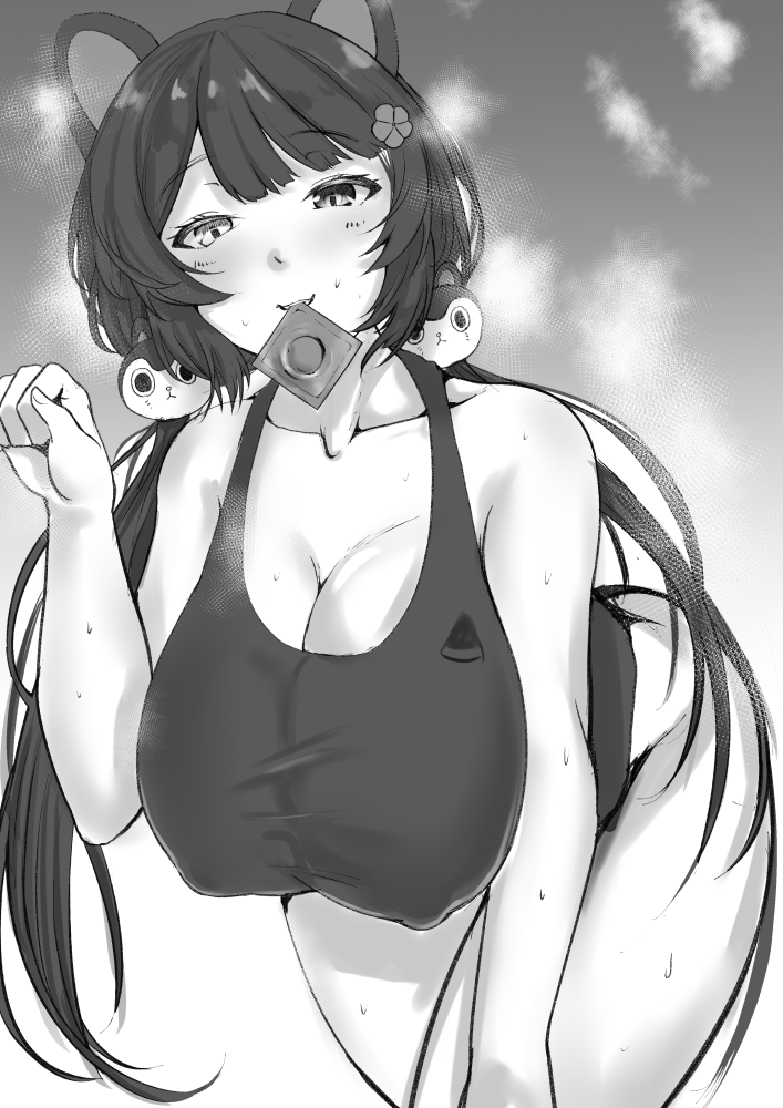 ass bottomless breasts condom condom_in_mouth dog_hair_ornament erect_nipples_under_clothes female hanging_breasts heavy_breathing huge_breasts inui_toko monochrome nijisanji nipple_bulge solo tommukai twintails virtual_youtuber