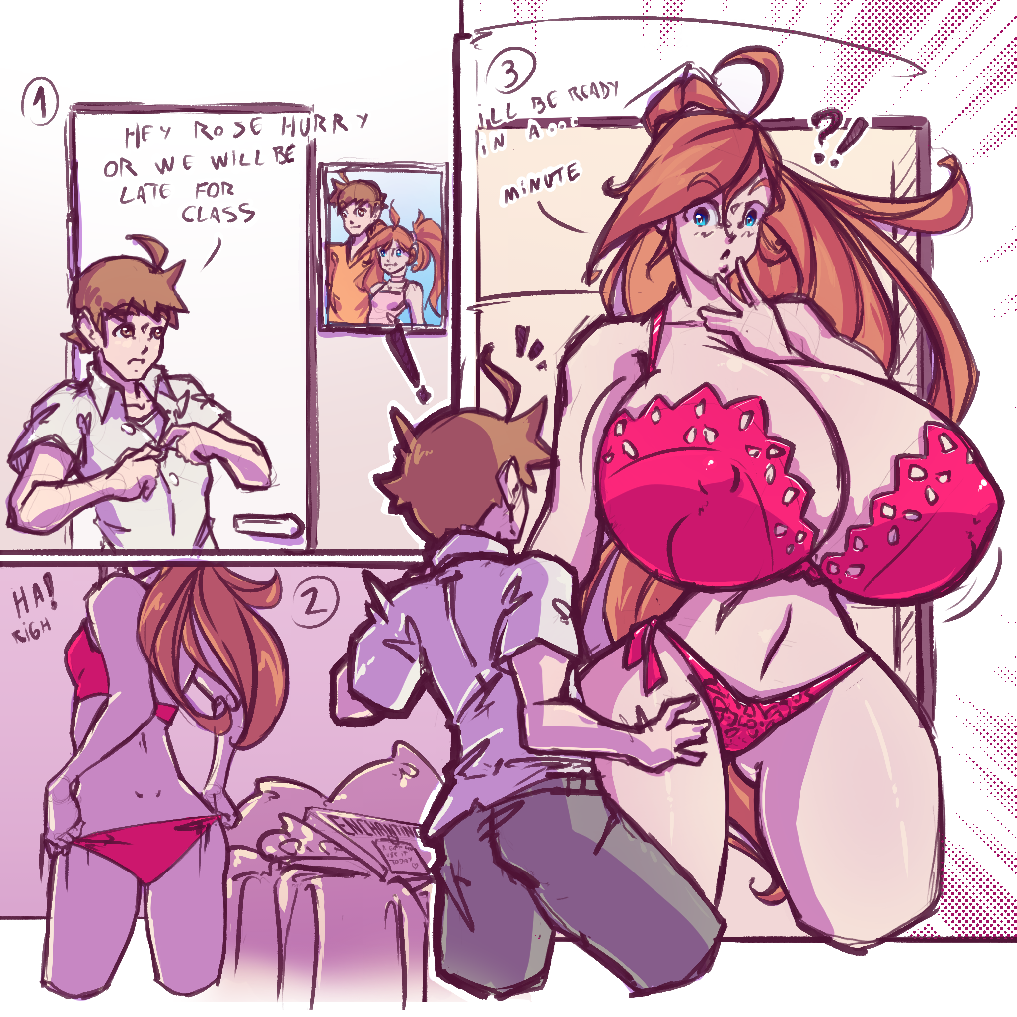 !, ?!, 1boy, 1girls, amazon, ass, ass expansion, ass visible through thighs, before and after, big ass, big breasts, bra, breast expansion, breast growth, breast growth (enlargement), breasts, breasts bigger than head, brother complex, cleavage, color, comic, dialogue, dressing, female, giantess, growth, huge breasts, jack knight (n647), lingerie, long hair, male, n647, nipples visible through clothing, panties, rose drake (n647), size difference, small breasts, surprised, taller female, text, thick thighs, underwear, voluptuous, wide hips