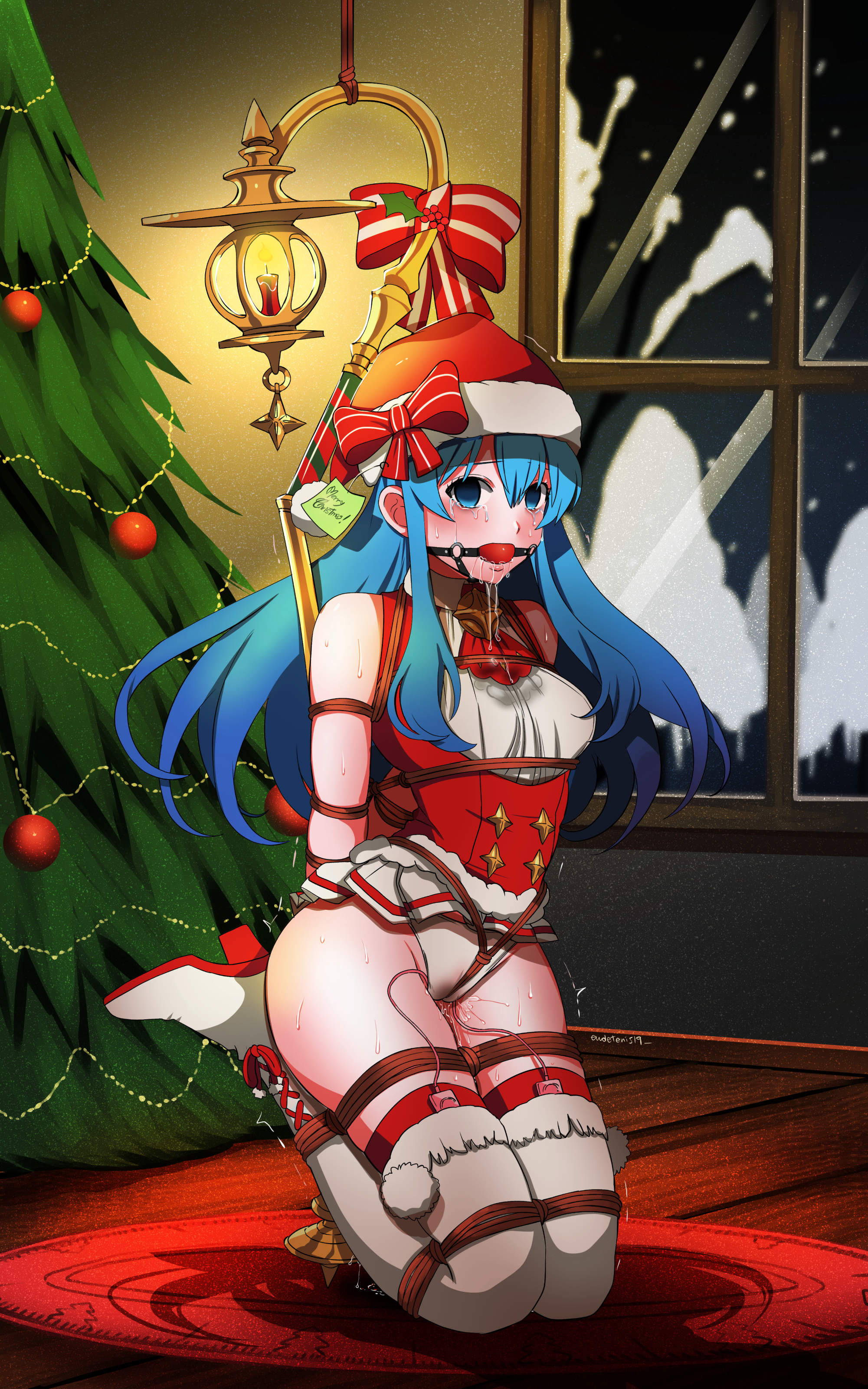 ass, ball gag, blue hair, blush, bondage, bound, bound to pole, broken rape victim, christmas, christmas tree, egg vibrator, eirika (fire emblem), empty eyes, eudetenis, female, femsub, fire emblem, fire emblem heroes, fire emblem: the sacred stones, forced, forced orgasm, gag, gagged, high heels, long hair, looking at viewer, merry christmas, present, pussy, pussy juice, remote control vibrator, ribbon, saliva, saliva trail, santa hat, sex toy, snow, tears, tied to pole, tied up, vibrator, white panties