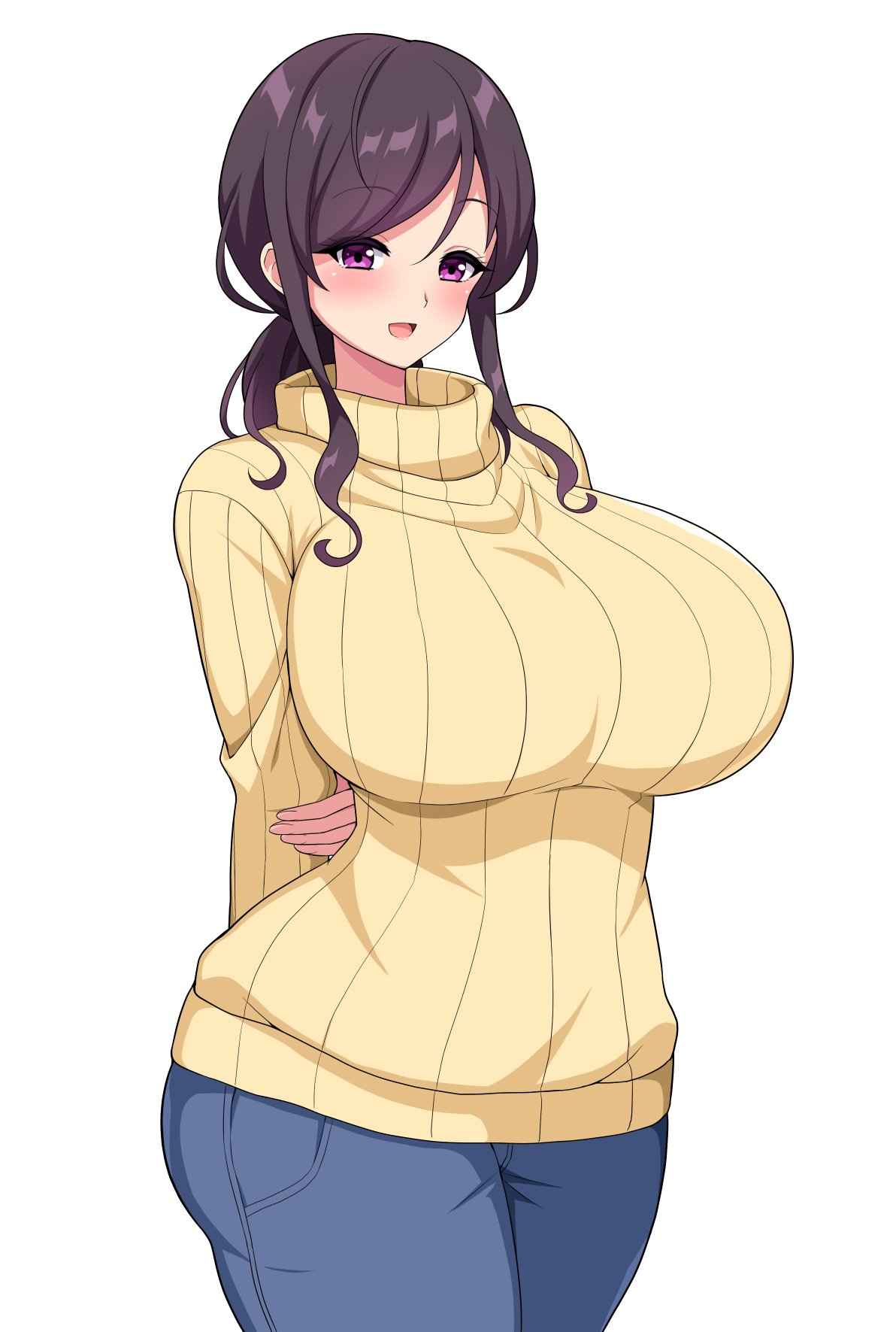 1girls aikome_(haikome) arms_behind_back big_breasts blue_pants blush blushing breasts brunette clothed clothed_female curvy cute female female_focus female_only fully_clothed haikome happy huge_breasts jeans large_breasts looking_at_viewer milf mother open_smile original photo ponytail purple_eyes purple_hair shizuka_(haikome) simple_background solo solo_female solo_focus sweater thick thin thin_waist top_heavy white_background wide_hips yellow_sweater