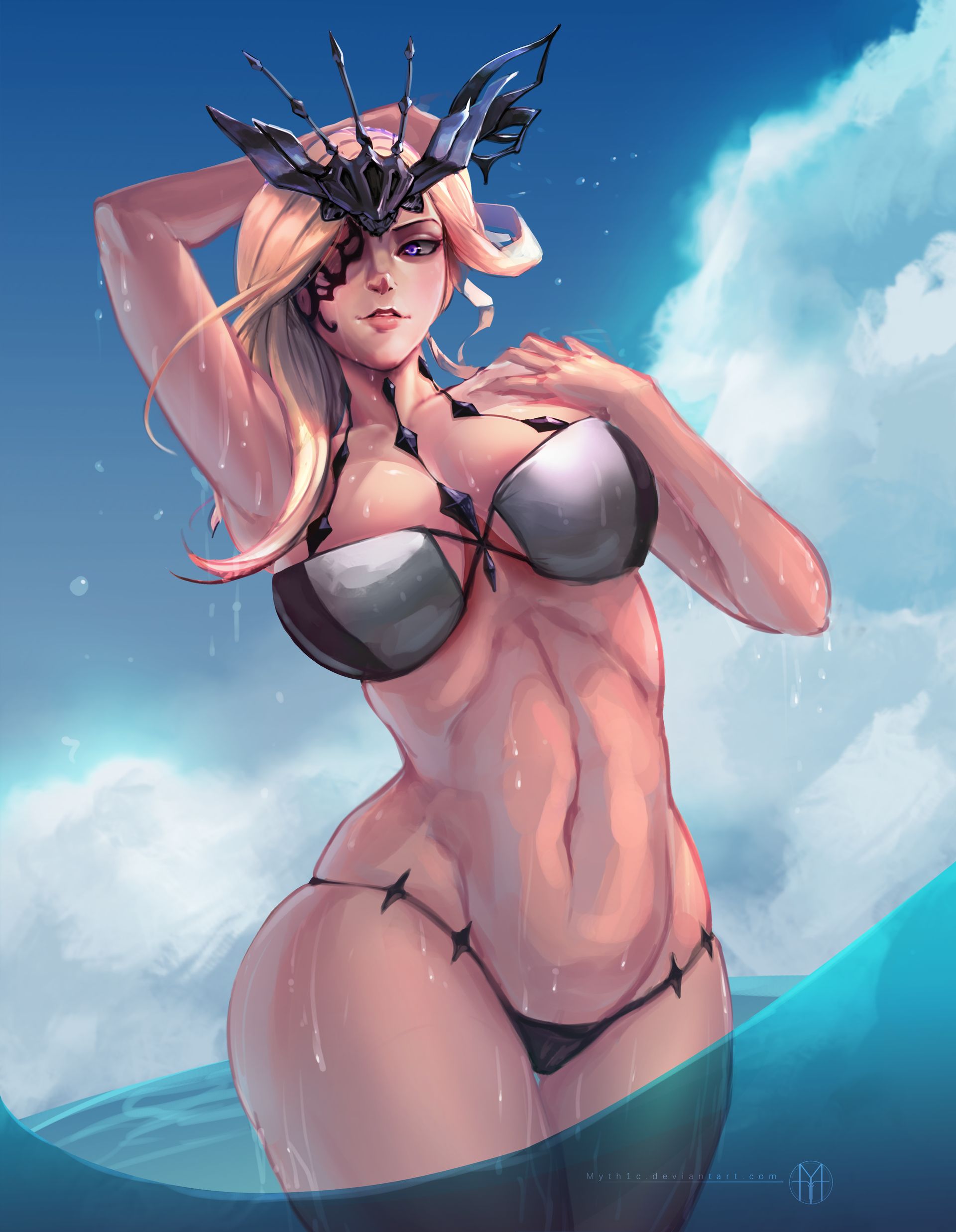 1girls, absurd res, absurdres, armpits, bare arms, bare legs, bare midriff, bare shoulders, beach, between breasts, big breasts, bikini, blonde hair, blue eyes, breasts, busty, cleavage, commentary request, curly hair, curvaceous, curvy, curvy body, curvy female, curvy figure, curvy hips, deep navel, female, female only, genshin impact, hair ornament, hand on breast, hands behind head, hi res, highres, jewelry, large breasts, long hair, looking at viewer, midriff, milf, myth1c, navel, one eye covered, shiny, shiny skin, signora (genshin impact), solo, swimsuit, thick, thick legs, thick thighs, thigh gap, thighs, water, water drop, wet, wet clothing, wet skin, wide hips