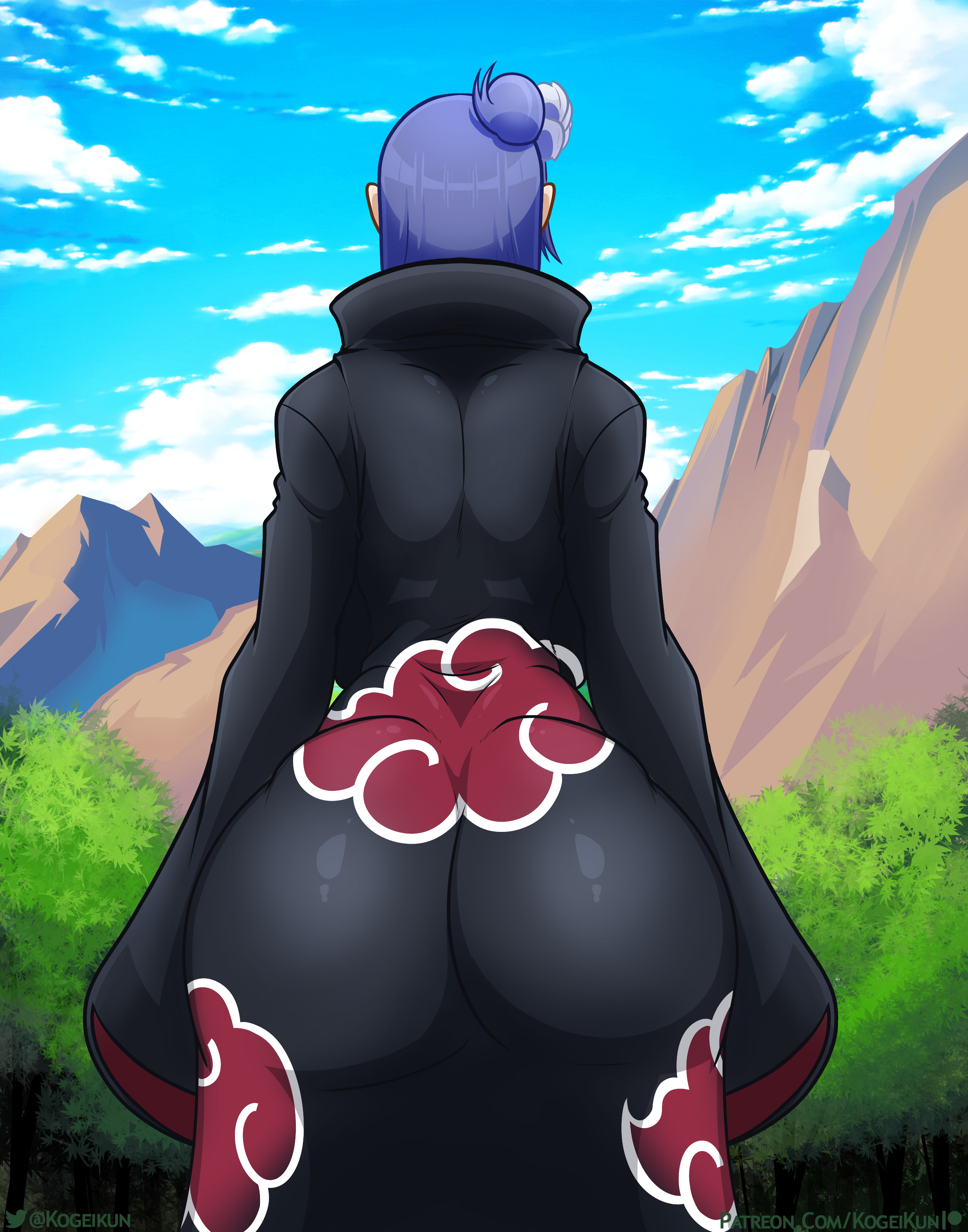 1girls, akatsuki (naruto), ass, ass crack, back view, backboob, big ass, big breasts, blue hair, breasts, butt crack, cloak, clothing, eyeshadow, female, female only, flower, hair ornament, huge ass, huge butt, kogeikun, konan, naruto, naruto (series), naruto shippuden, outdoors, side bun, thick thighs, tied hair