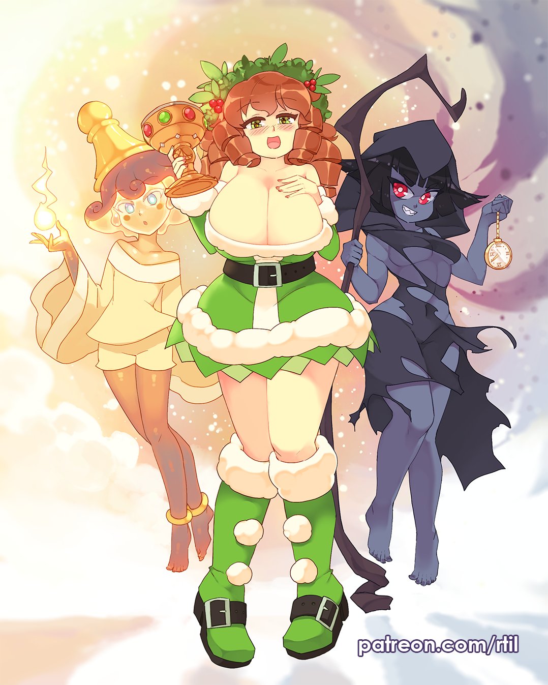 2020 3girls a_christmas_carol anklet artist_name aura bare_arms bare_legs bare_shoulders barefoot belt black_clothing black_hair black_skin blue_eyes blush boots breast_suppress breasts brown_hair cane chalice christmas cleavage clothed clothing covered_navel crown cup death_(personification) dress drill_hair eyebrows_visible_through_hair feet female female_only fire flat_chest floating full_body fur_trim ghost ghost_of_christmas_past ghost_of_christmas_present ghost_of_christmas_yet_to_come glowing glowing_hair glowing_head green_clothing grin hand_on_chest hat highres holding_cup holding_watch holidays holly_(plant) hood huge_breasts jewelry leaf literature long_sleeves looking_at_viewer magic medium_breasts monster monster_girl multicolored_hair multiple_girls navel open_mouth patreon personification plant pocket_watch public_domain red_eyes red_hair red_skin rtil shadow sharp_teeth short_hair shorts smile stick teeth thick_thighs thighs toes tongue torn_clothes two_tone_hair two_tone_skin underboob url watch wax wax_girl yellow_clothing