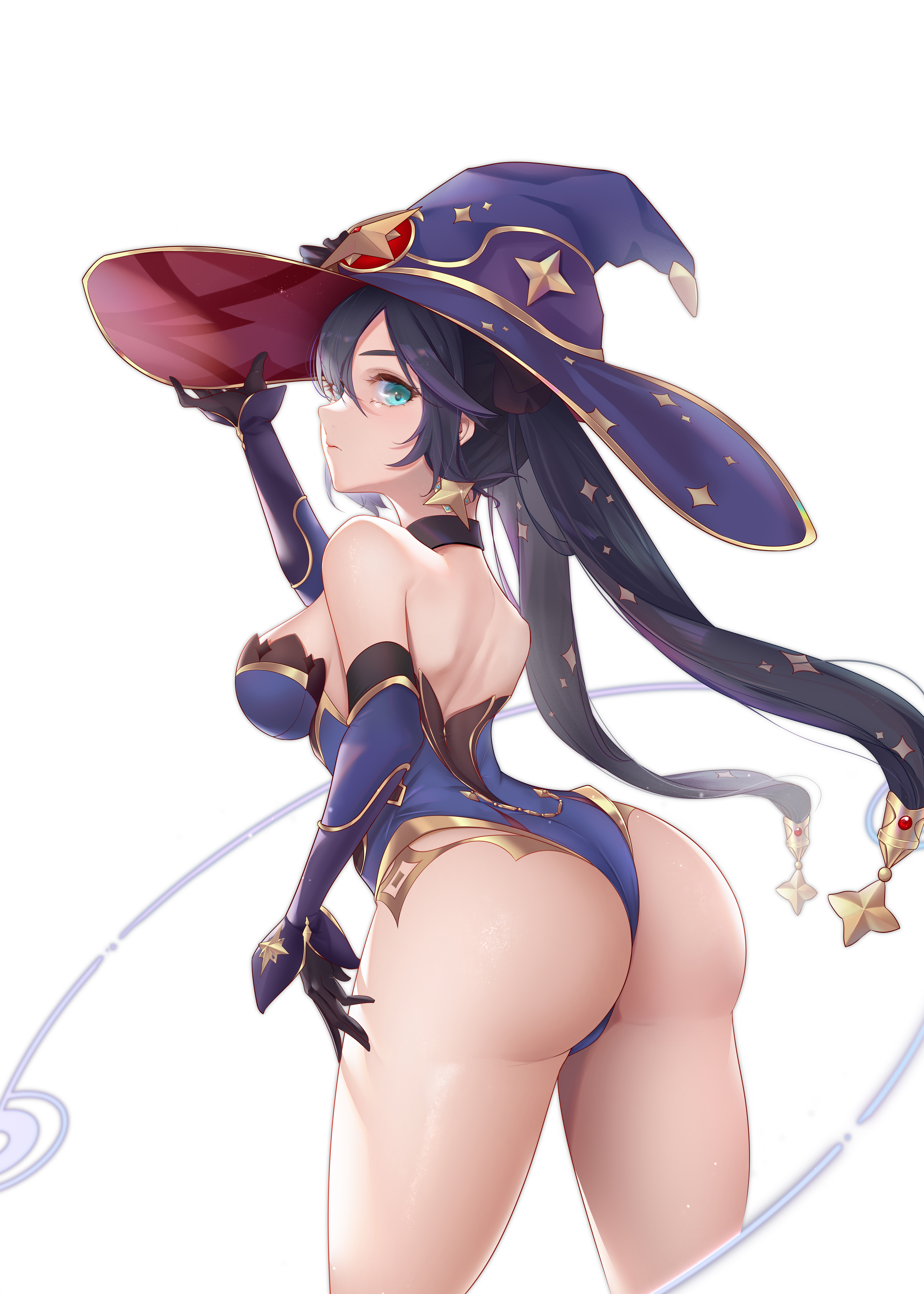 1girls, ass, female, female only, genshin impact, huge ass, leotard, mona (genshin impact), thong leotard, witch hat