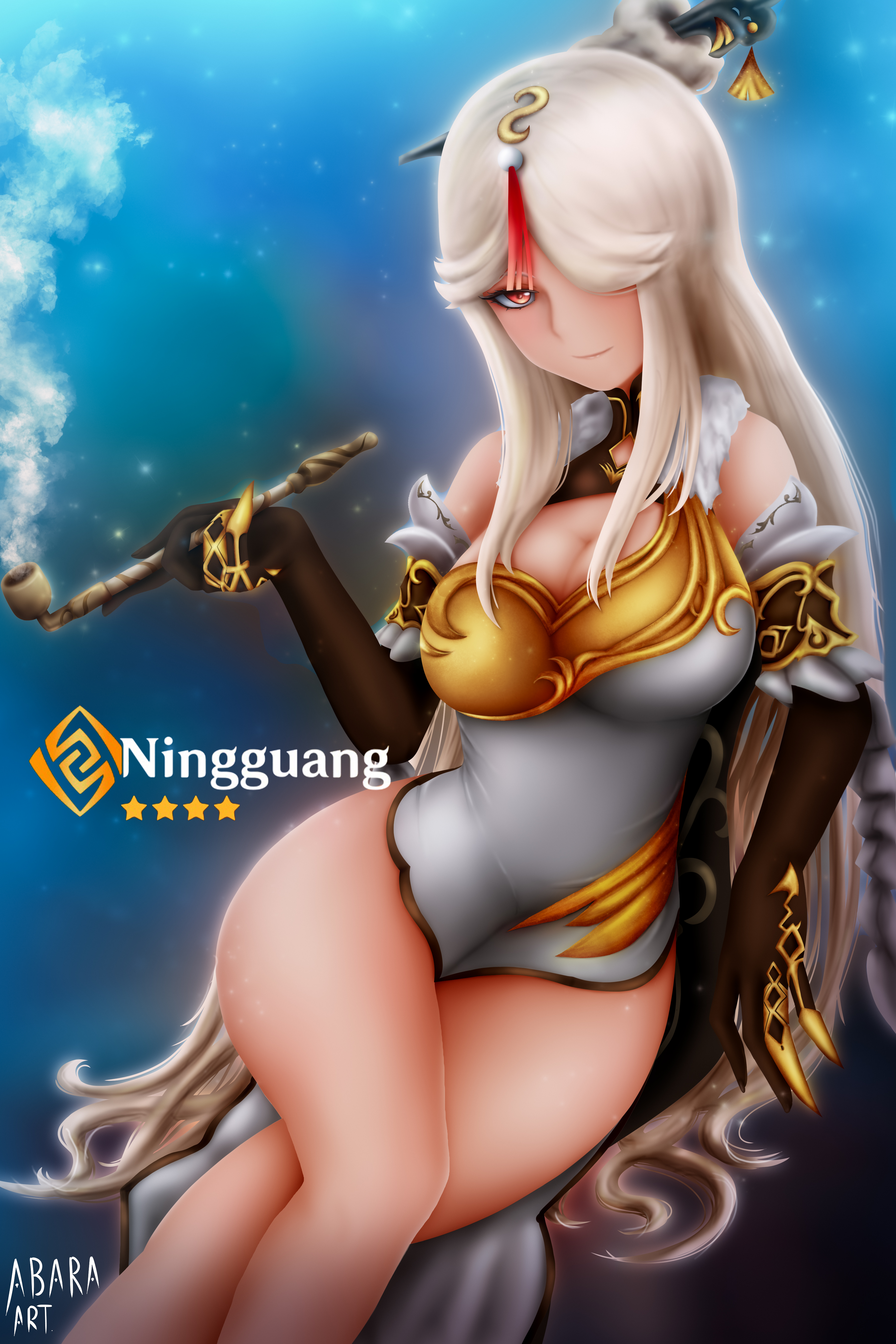 1girls, abara-art, armwear, ass, bare legs, bare shoulders, big breasts, breasts, busty, cleavage, commentary request, curvaceous, curvy, curvy body, curvy female, curvy figure, curvy hips, elbow gloves, female, female only, genshin impact, gloves, hair ornament, hi res, highres, kiseru, large breasts, legs, long gloves, long hair, looking at viewer, milf, ningguang (genshin impact), no bra, one eye covered, pipe, red eyes, seducing, seductive, seductive eyes, seductive look, shiny, shiny skin, smile, smiling, solo, thick, thick ass, thick legs, thick thighs, thigh gap, thighs, tight, tight clothes, tight clothing, white hair