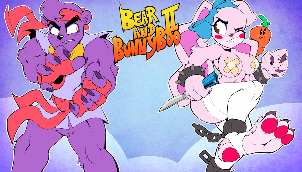 1boy 1girls anthro bandages bandaids_on_nipples bear_(character) bear_and_bunny_boo big_breasts bunny_boo female fighter fighting_pose fighting_stance headband knife lagomorph ryu_(street_fighter)_(cosplay) spiked_bracelets street_fighter ursid vimhomeless wink