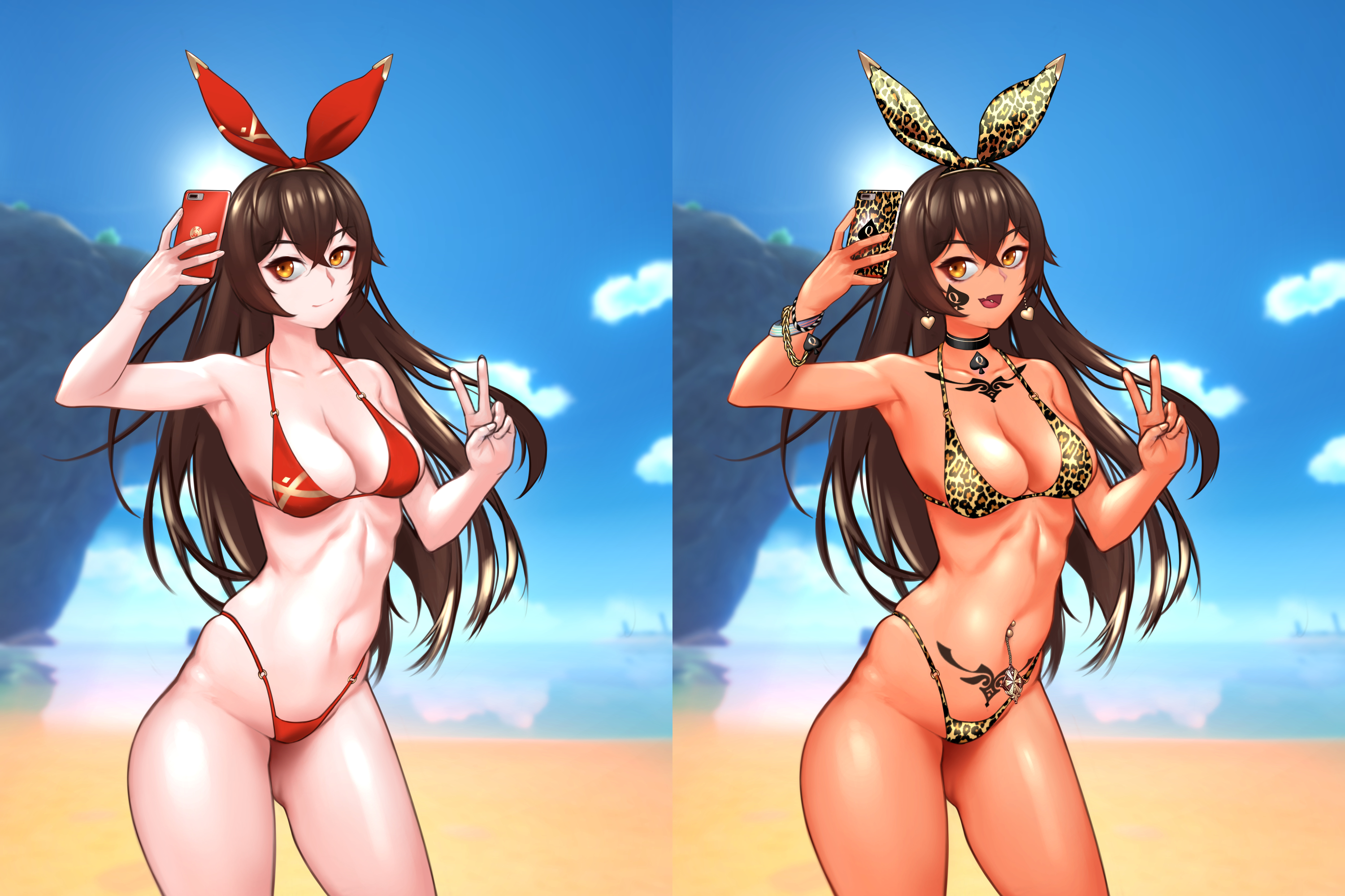 1girls, amber (genshin impact), big penis, bikini, bimbo, bimbofication, female, female only, genshin impact, leopard print, male, penis, queen of spades, rod.wel, solo, tan, tattoo