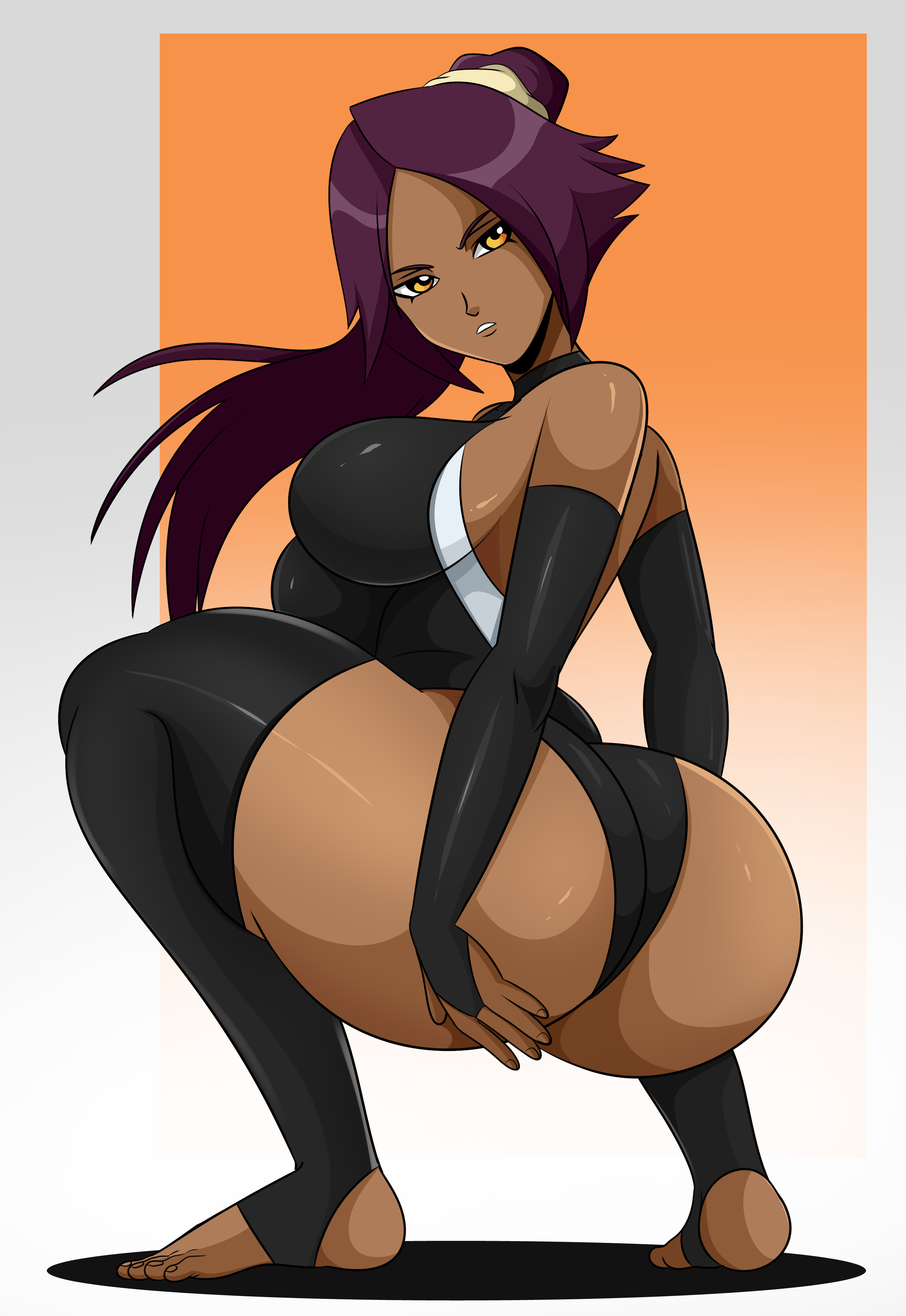 1girls, arm sleeves, ass, backless, backless outfit, bangs, barefoot, big ass, big breasts, bleach, breasts, bridal gauntlets, clothing, dark skin, dark-skinned female, detached sleeves, feet, female, female only, huge ass, leotard, looking at viewer, looking back, ponytail, purple hair, shihouin yoruichi, solo, sonson-sensei, squatting, stirrup legwear, stockings, thighhighs, tied hair, toeless legwear, toeless stockings, toes, yellow eyes