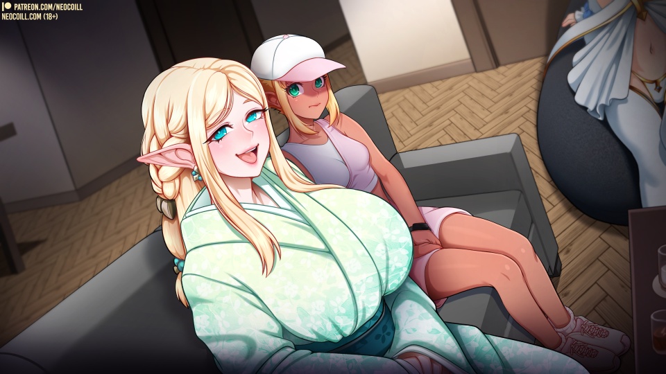 1boy, 3girls, alternate version available, aria (neocoill), big breasts, blonde hair, blue eyes, breasts, coill city (neocoill), dark skin, dark-skinned female, elf, elf ears, elf female, elysia (neocoill), female, green eyes, light skin, light-skinned female, light-skinned male, lumina (neocoill), male, neocoill, small breasts