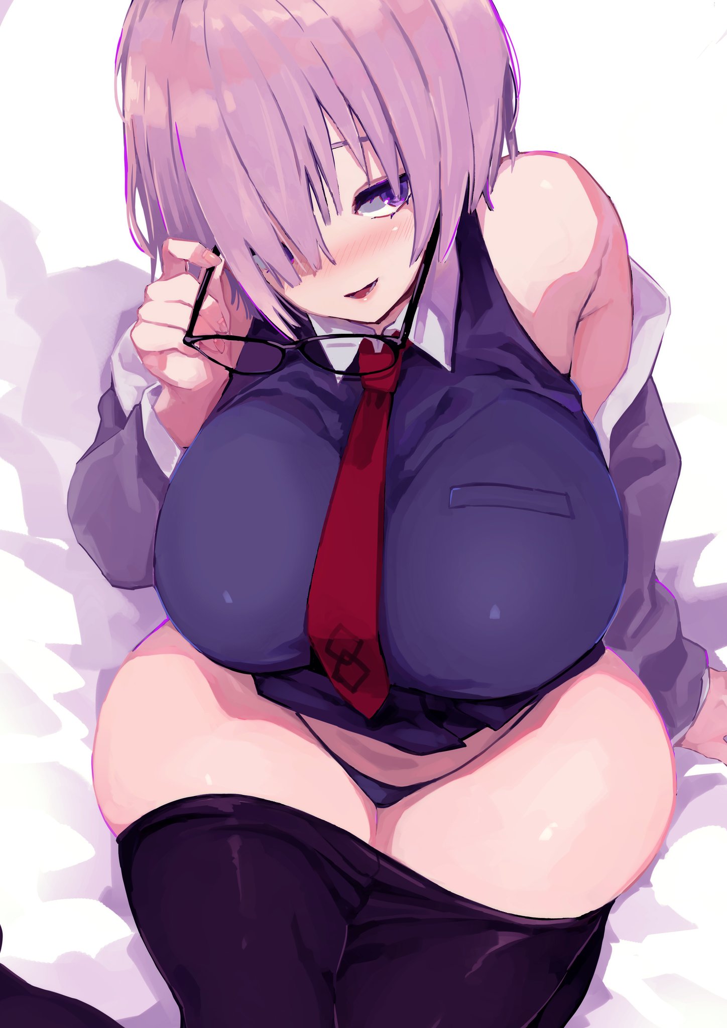 achumuchi, big breasts, blush, breasts, curvy, dress, fate (series), fate/grand order, female, glasses, huge breasts, mash kyrielight, panties, pink eyes, pink hair, removing clothing, seductive, shielder (fate/grand order), short hair, shoulderless dress, shoulders, thick thighs, tie, uniform, wide hips