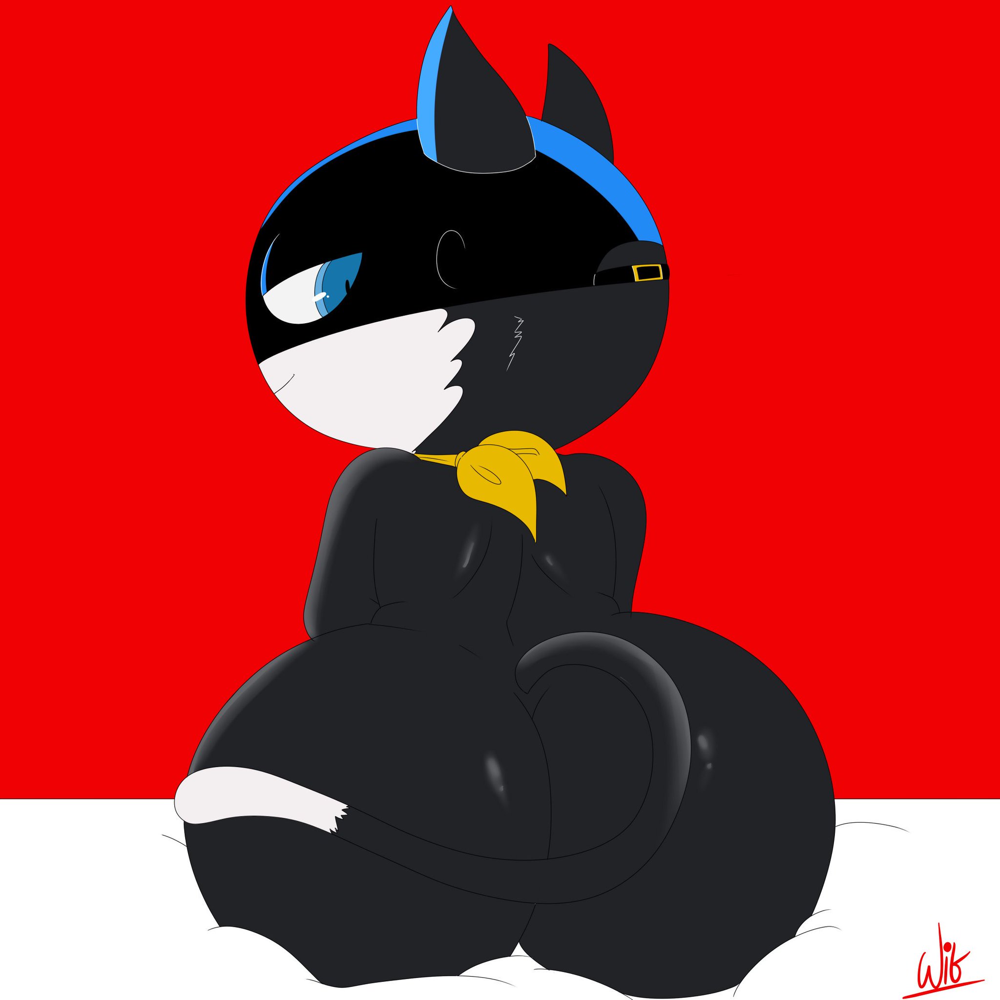 1boy, absurd res, anthro, ass, atlus, bedroom eyes, big ass, big butt, black body, black fur, cat ears, cat tail, domestic cat, feline, fur, furry, furry only, looking at viewer, looking back, male, male only, mammal, megami tensei, megami tensei persona, morgana (persona), persona, persona 5, seductive, seductive smile, simple background, sitting, smile, solo, solo focus, tail, video games, witdrawsloods