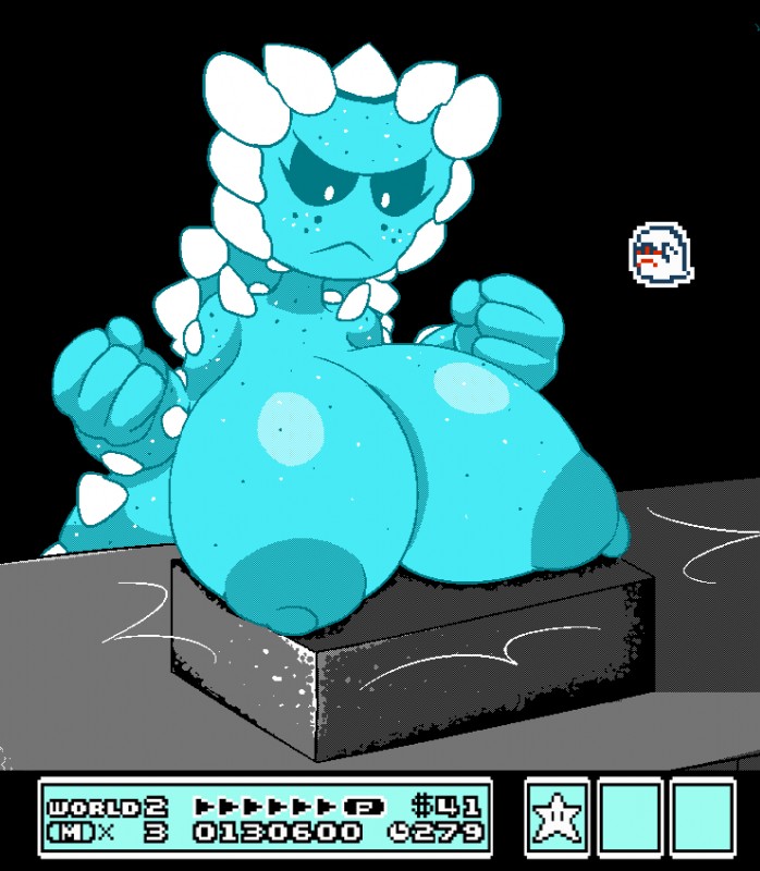 angry anthro areolae blue blush boo_(mario) breasts breasts_on_floor eyelashes female female_focus female_only fist large_breast mario_(series) metachoke nintendo nipples resting_breasts sprite starman_(mario) stone super_mario_bros._3 thwomp thwomp_girl