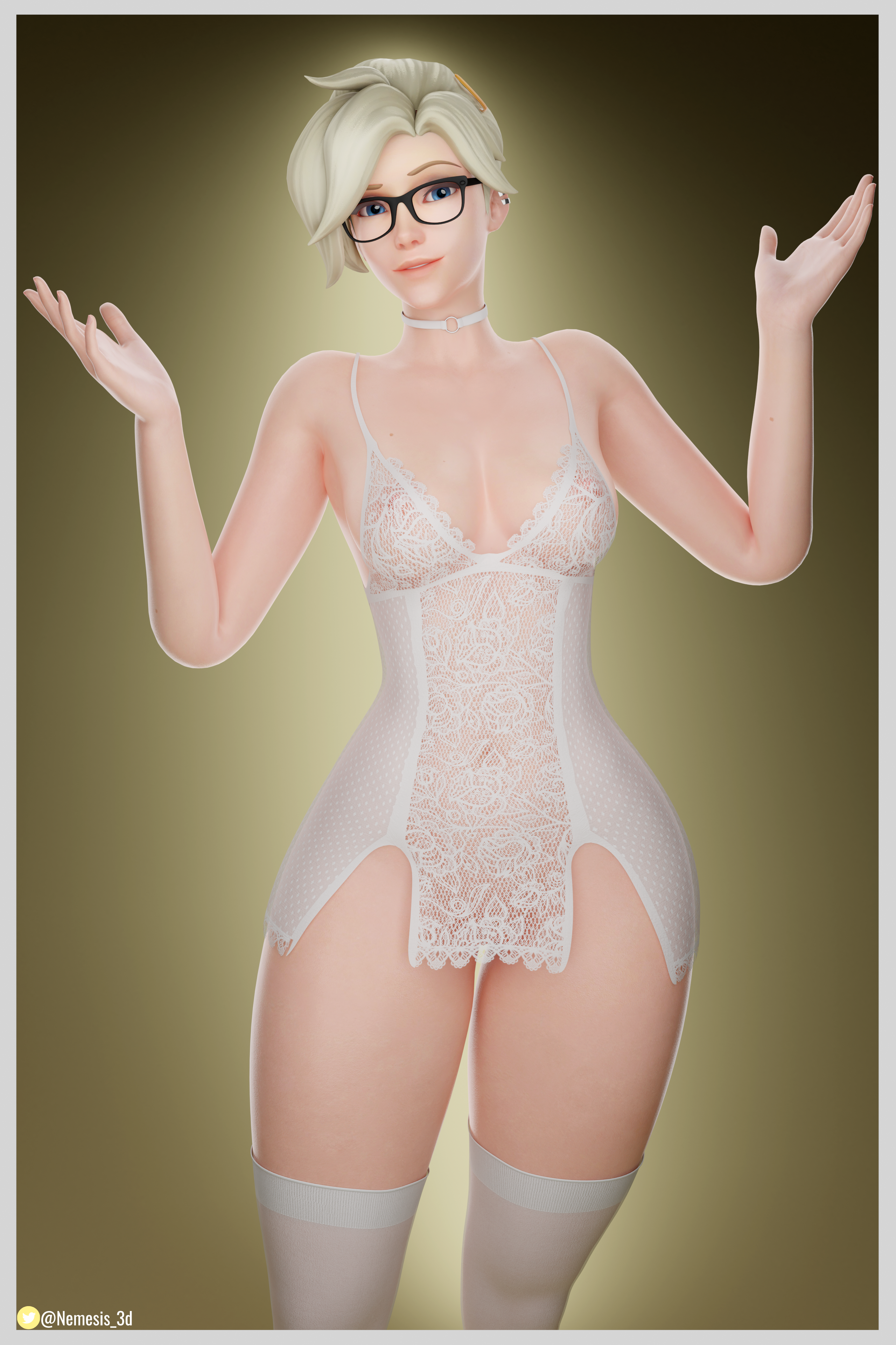 1girls, 2020, 3d, 3d (artwork), aura, blonde hair, breasts, choker, female, female only, glasses, lace, lingerie, medium breasts, mercy, milf, nemesis 3d, nipples, nipples visible through clothing, overwatch, pinup, questionable, short hair, shrug, stockings, thick thighs, thighs, white border, white lingerie, white stockings