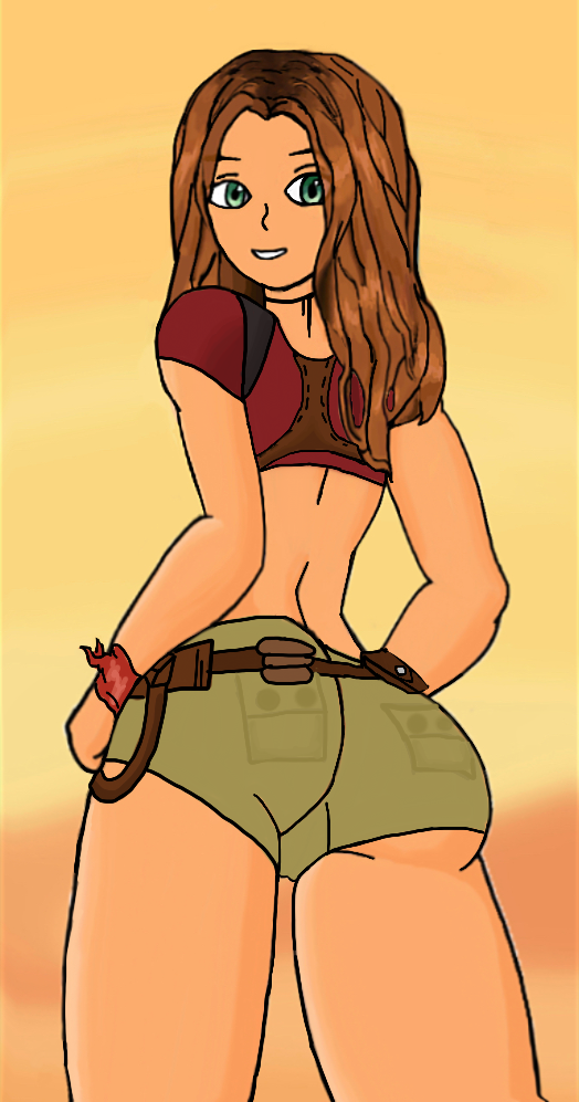 back_view big_ass booty_shorts crop_top desert drawingthings12 green_eyes jumanji karen_gillan red_hair ruby_roundhouse