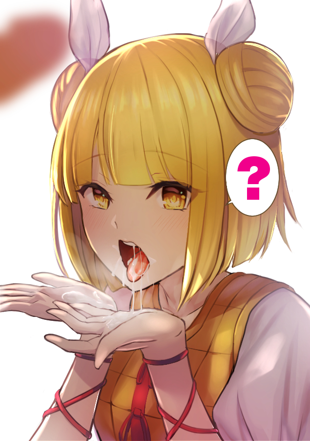 1boy ? amisu bangs blonde_hair blunt_bangs cum cum_in_mouth cum_on_tongue cupping_hands double_bun female hair_ribbon looking_at_viewer mayumi_joutouguu open_mouth penis puffy_short_sleeves puffy_sleeves ribbon shirt short_hair short_sleeves simple_background solo_focus spoken_question_mark straight touhou upper_body white_background white_ribbon white_shirt yellow_eyes