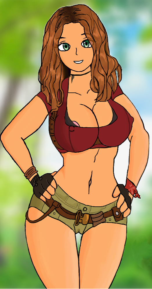 booty_shorts crop_top drawingthings12 green_eyes hands_on_hips jumanji karen_gillan red_hair ruby_roundhouse thick_thighs